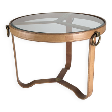 Brass and Stitched Leather Coffee Table