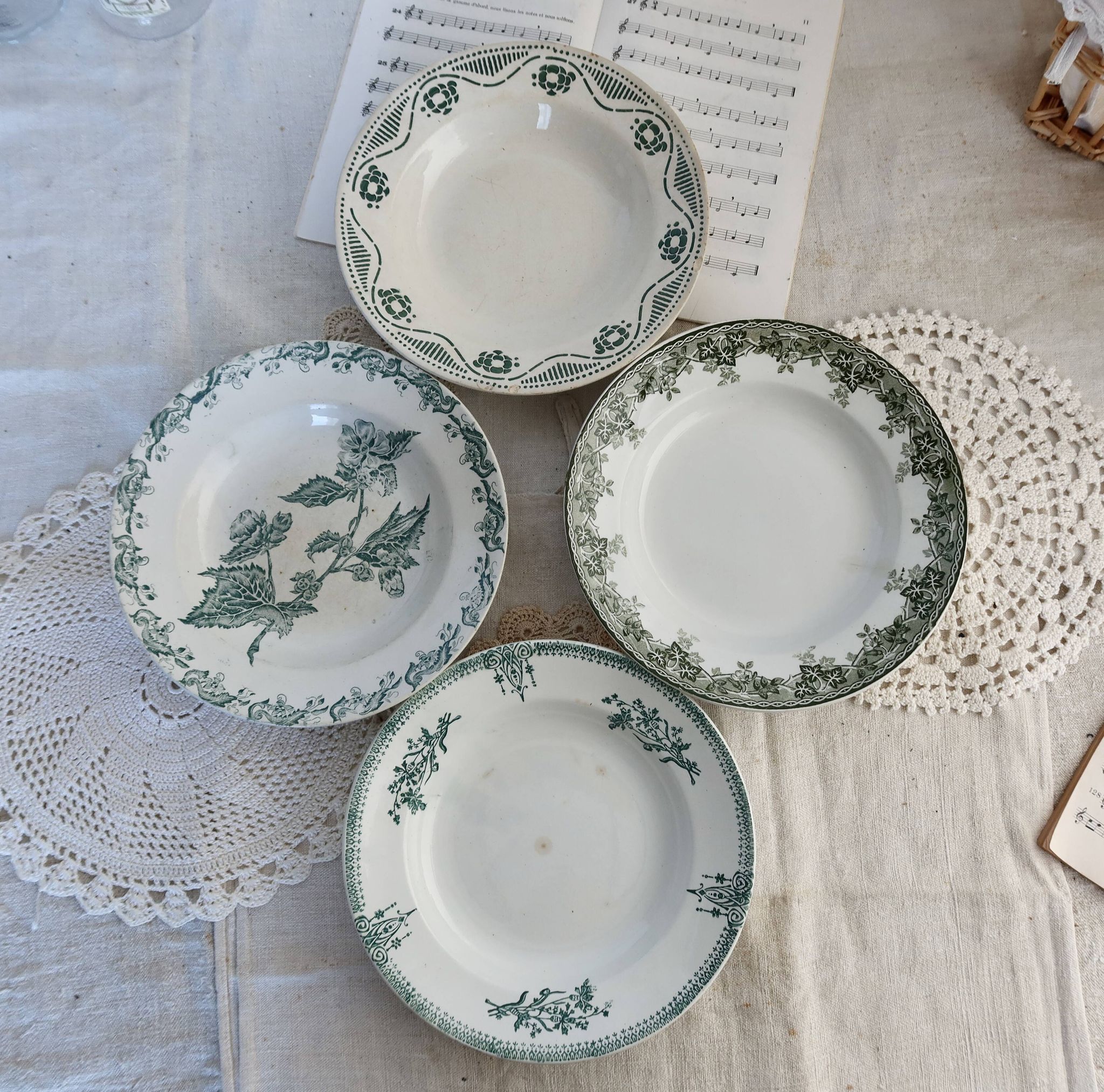 4 mismatched old green ironstone deep plates