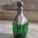 Vintage French green glass and pewter carafe - 1930s handcrafted bottle with stopper