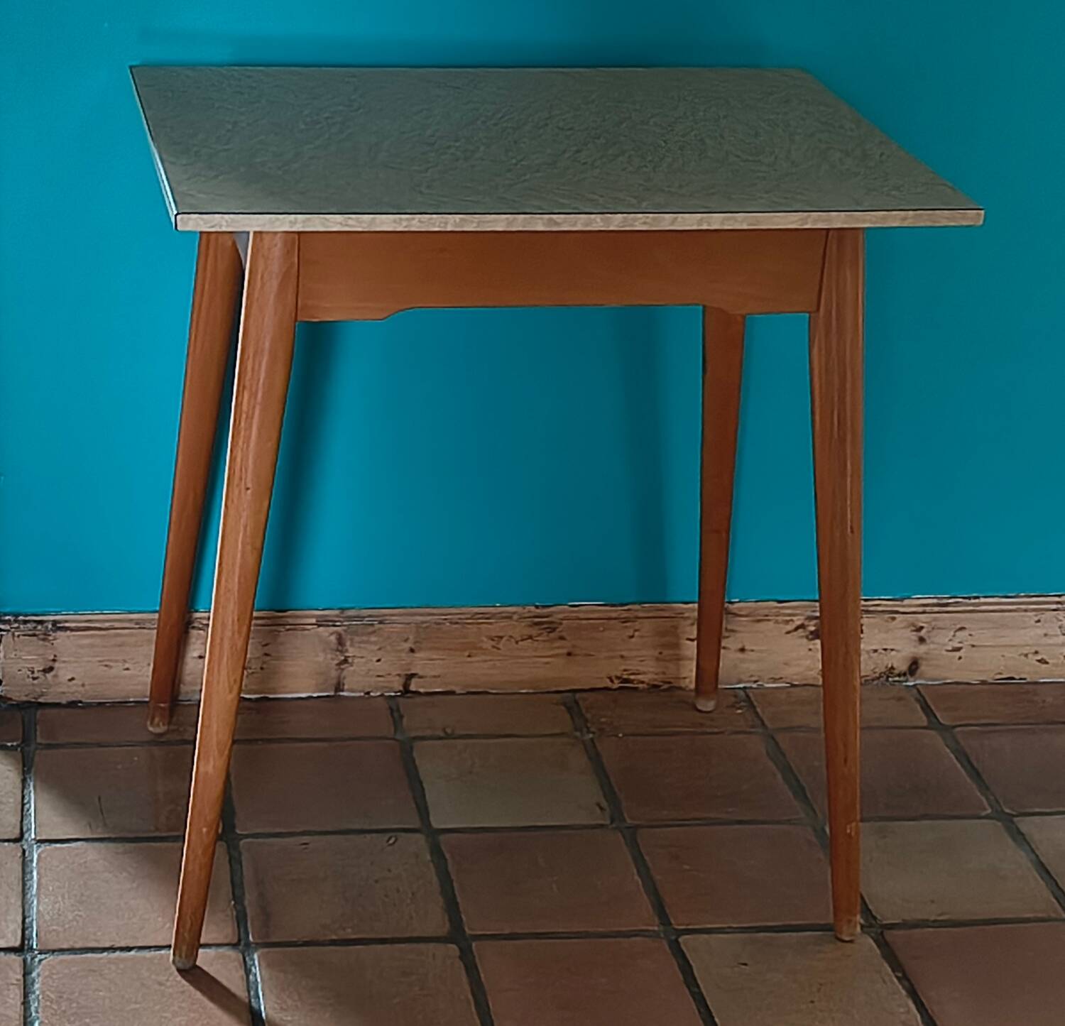 Vintage bistro table with compass legs, formica, beech, 50 x 70.