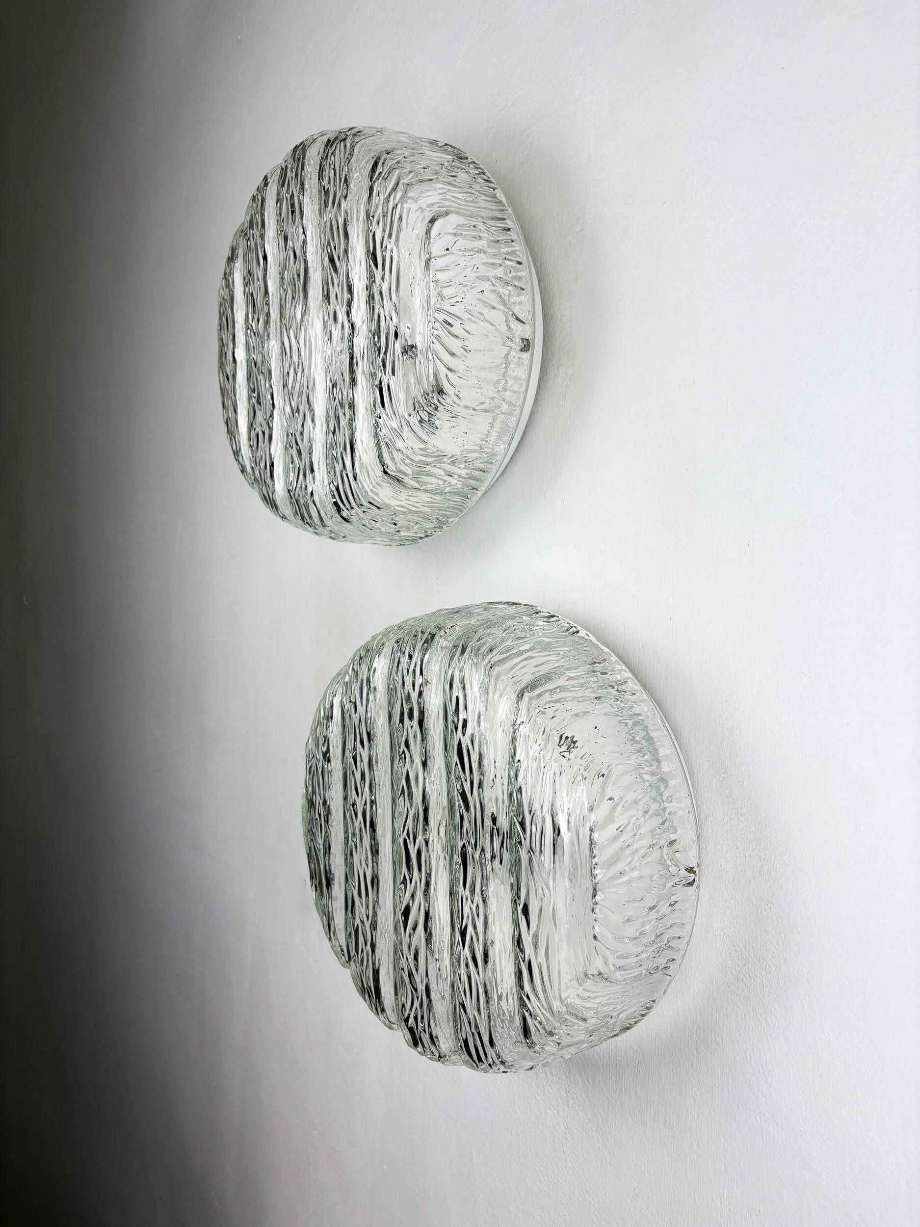 Pair of frozen glass round sconces, Germany, 1960s