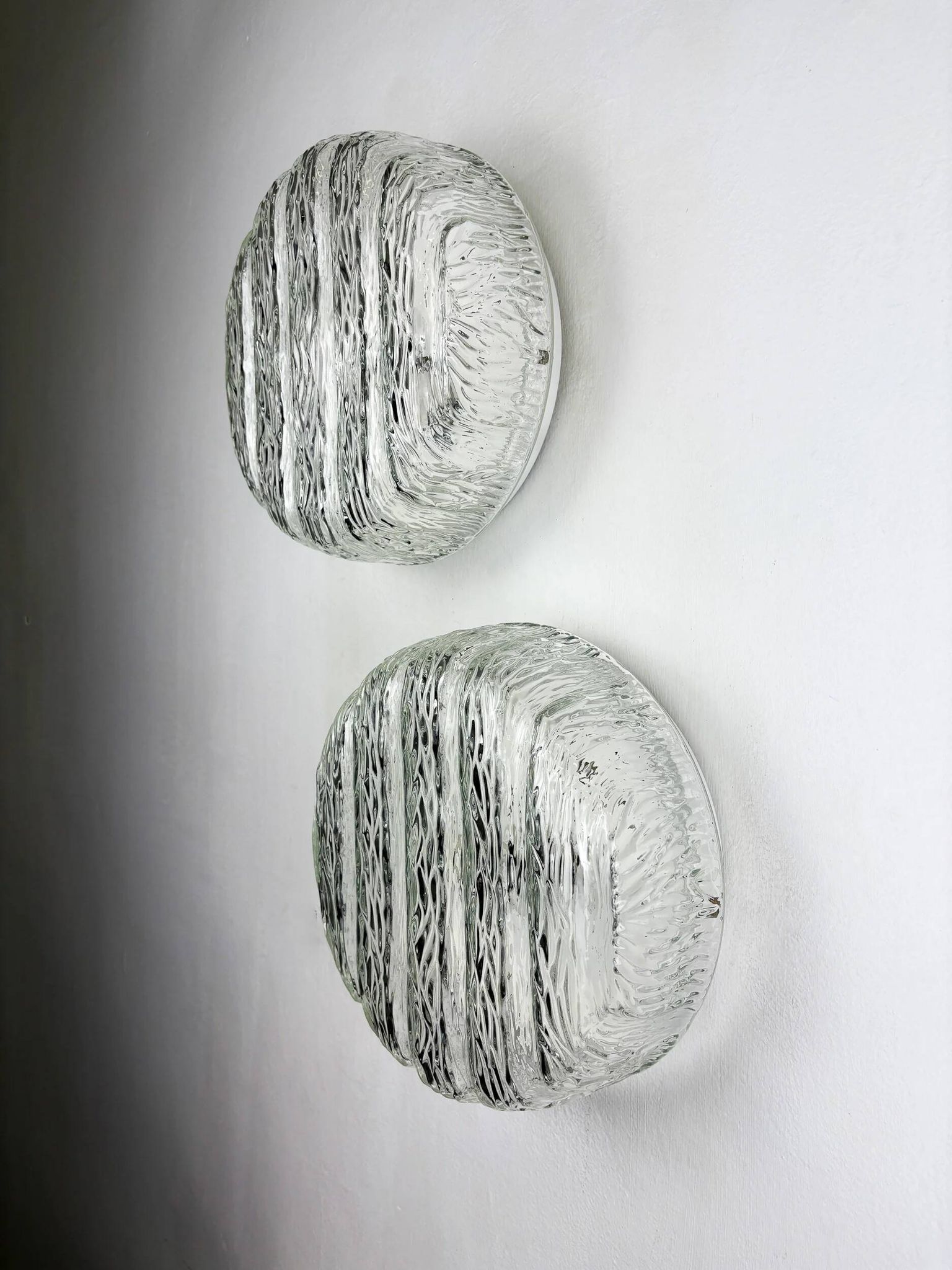 Pair of frozen glass round sconces, Germany, 1960s