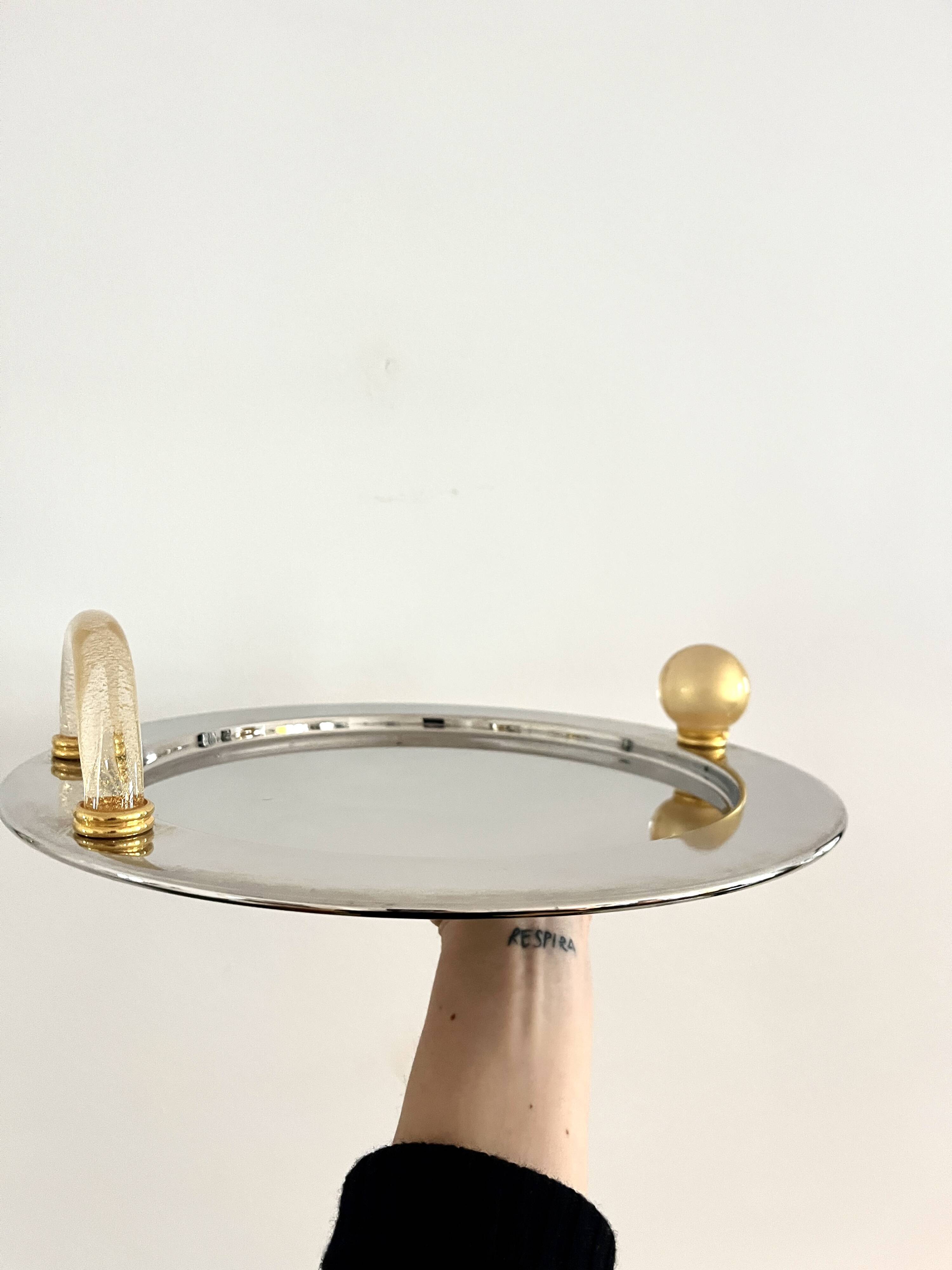 Vintage Palladium-Plated Serving Tray with Murano Glass Handles, Italy, 80s