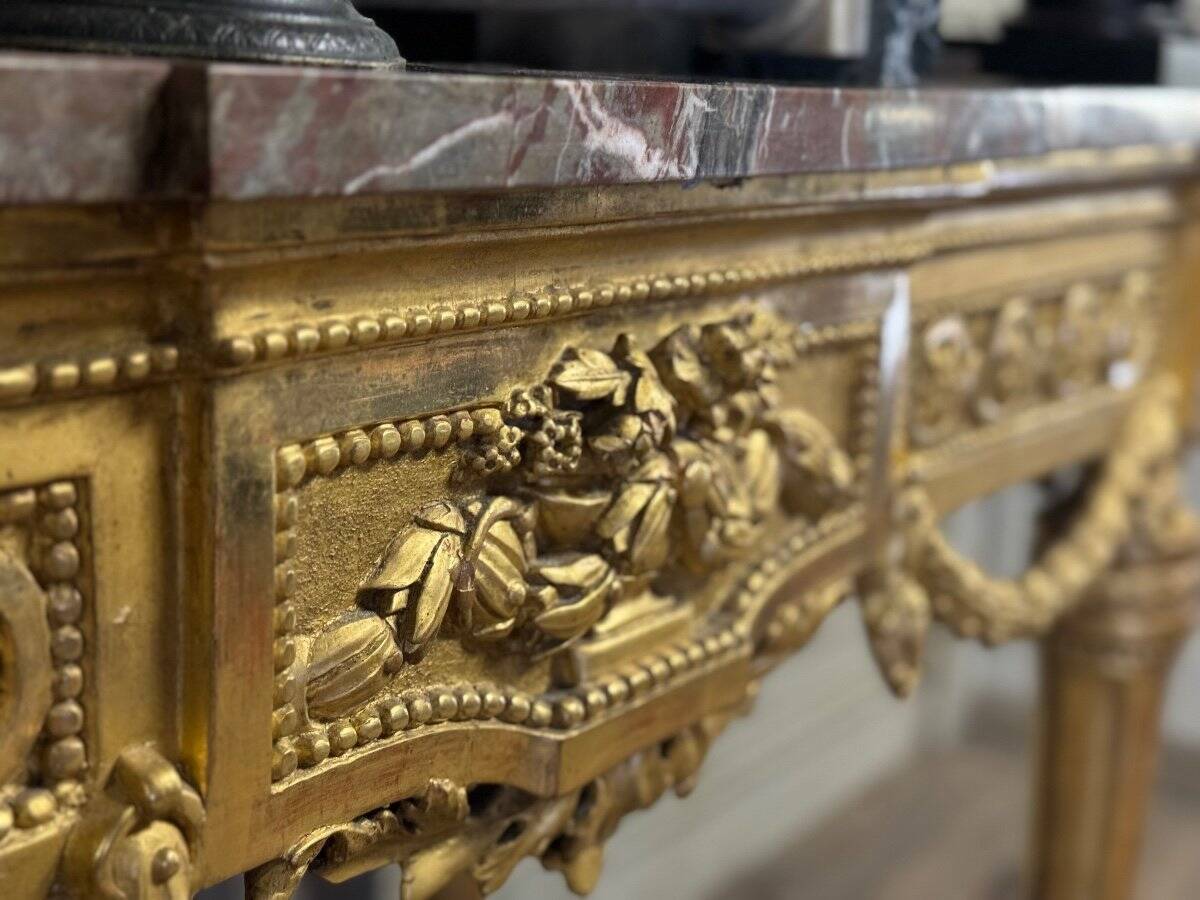 Louis XVI Console in Gilded Wood, Grey Ardennes Marble, 18th Century
