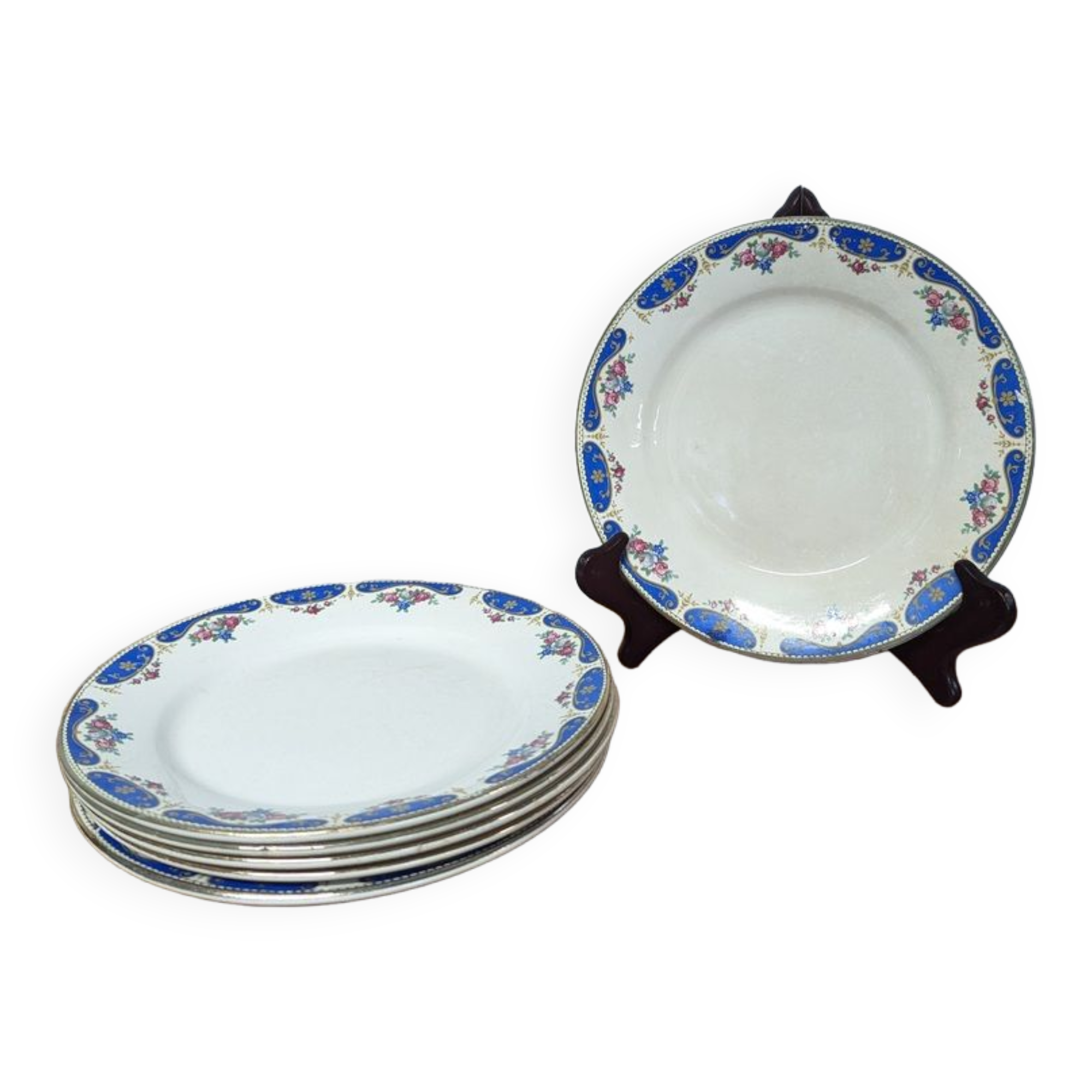 6 plates Moulin des loups & Hamage - blue & gold border