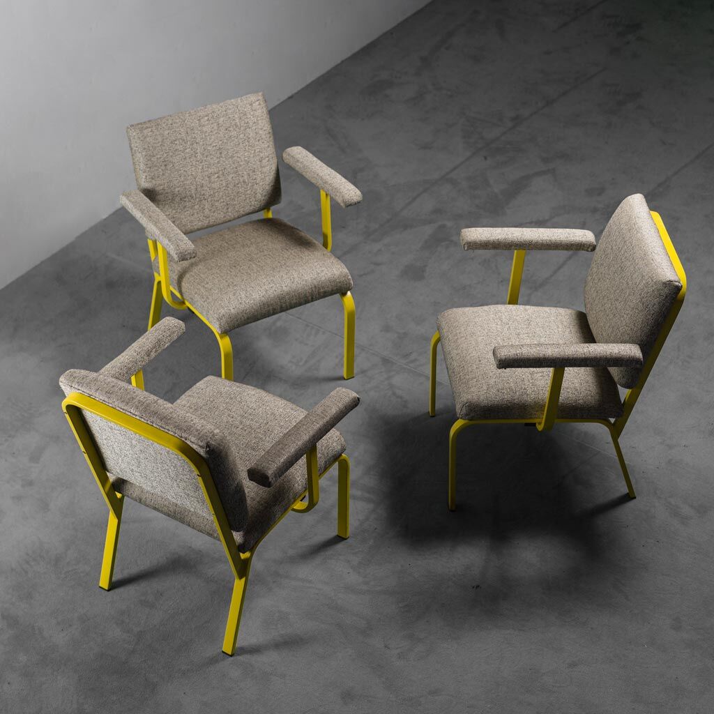 SET 3 HANDMADE CHAIRS METAL FABRIC 70S VINTAGE