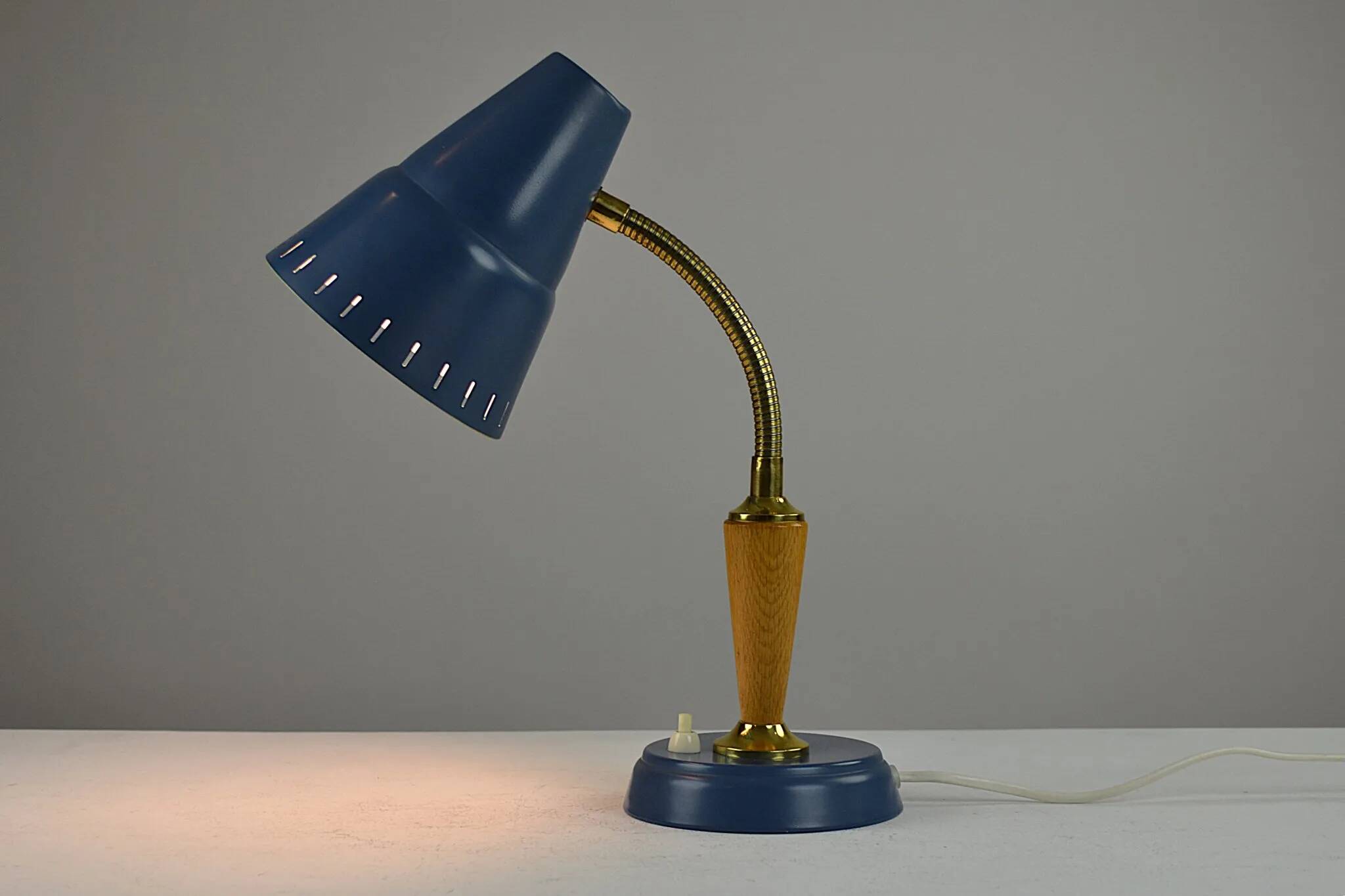 Blue Metal, Brass & Teak Table or Desk Lamp by Ringus, Sweden, 1950s