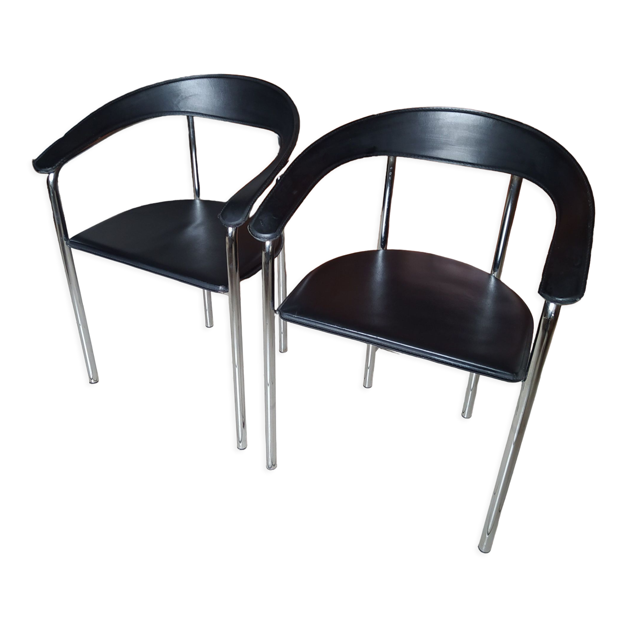 Pair of black and chrome leather Italian armchairs