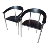 Pair of black and chrome leather Italian armchairs