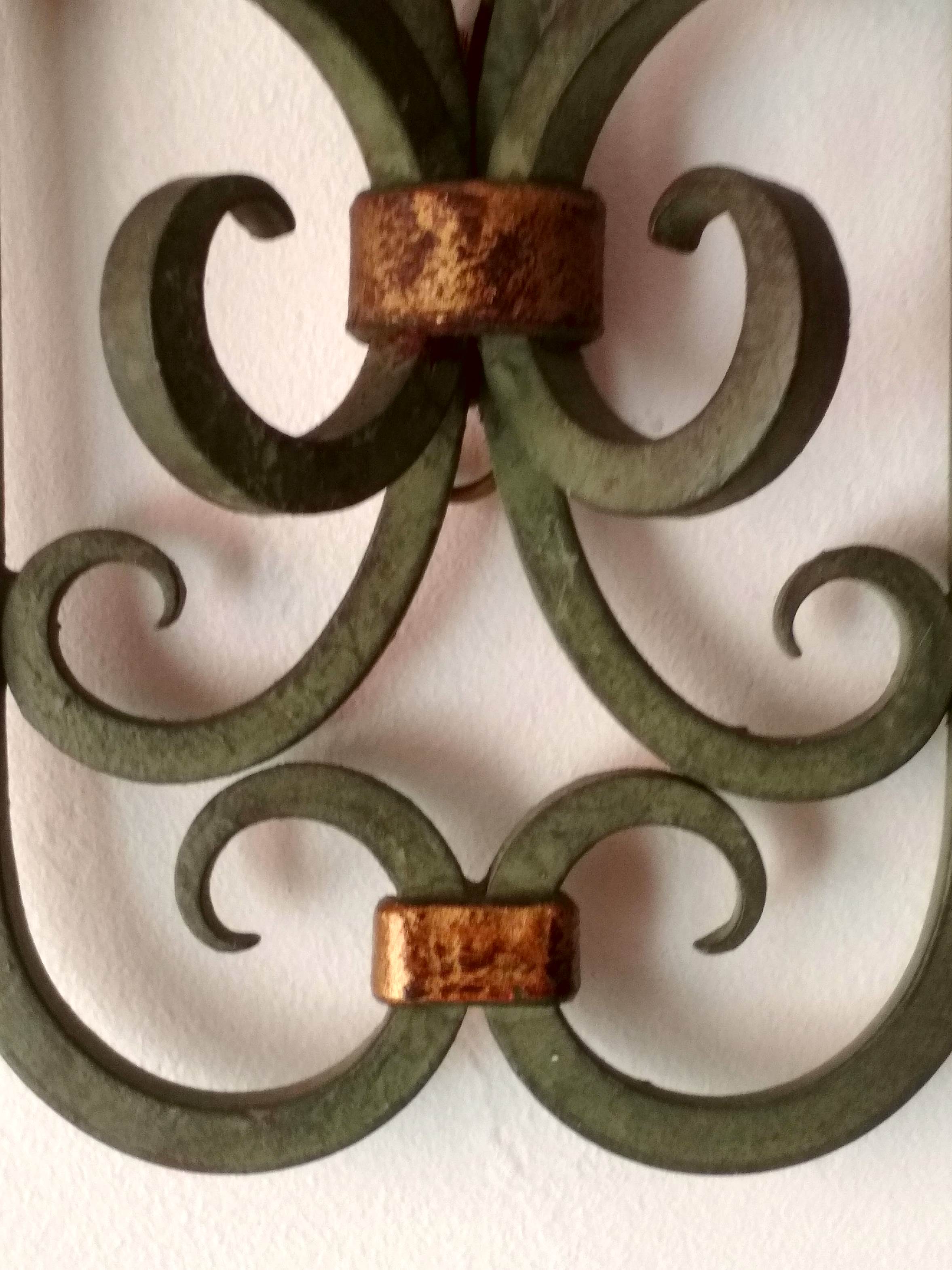 Pair of old wrought iron sconces patina green and gold - 2 lights