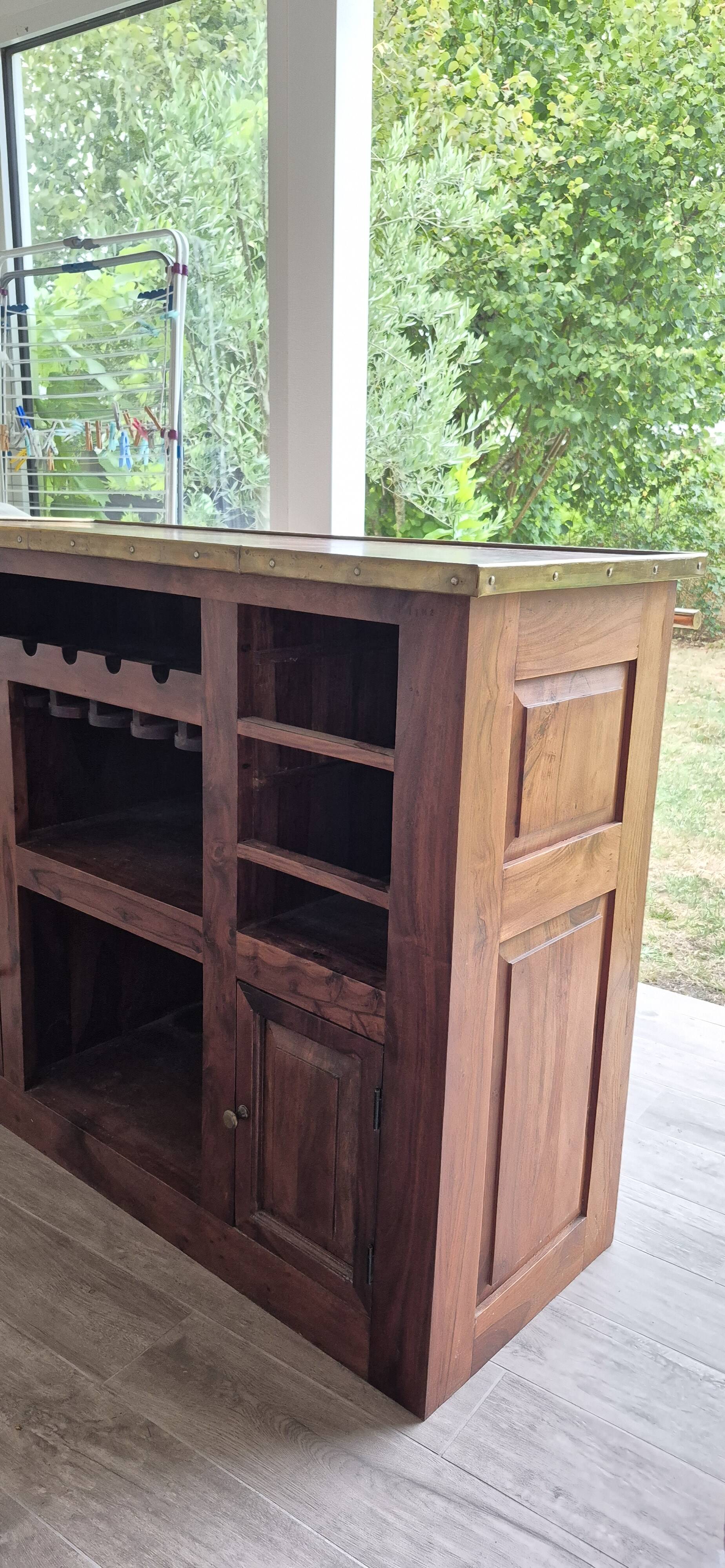 Solid teak and brass bar cabinet