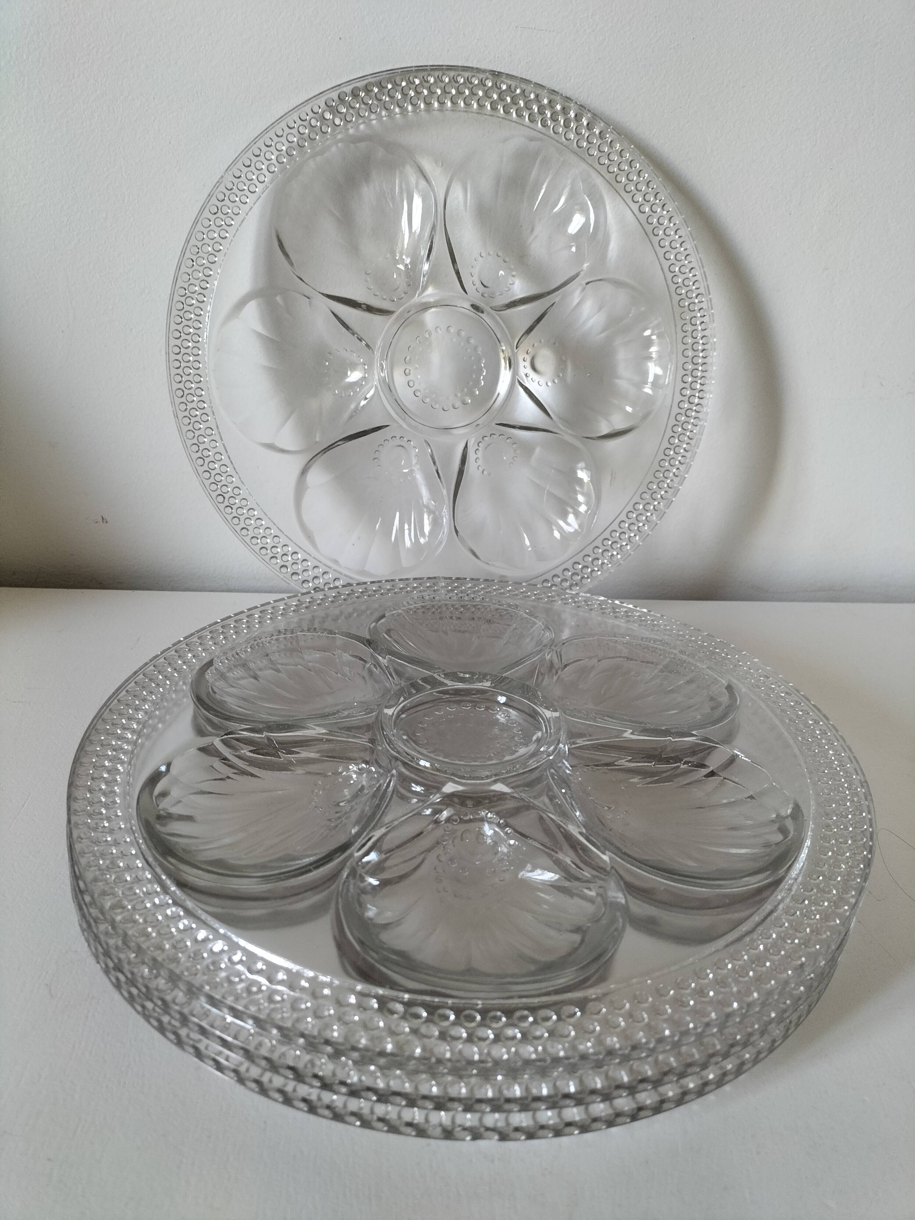 Set of 4 vintage hobnail pressed glass oyster plates