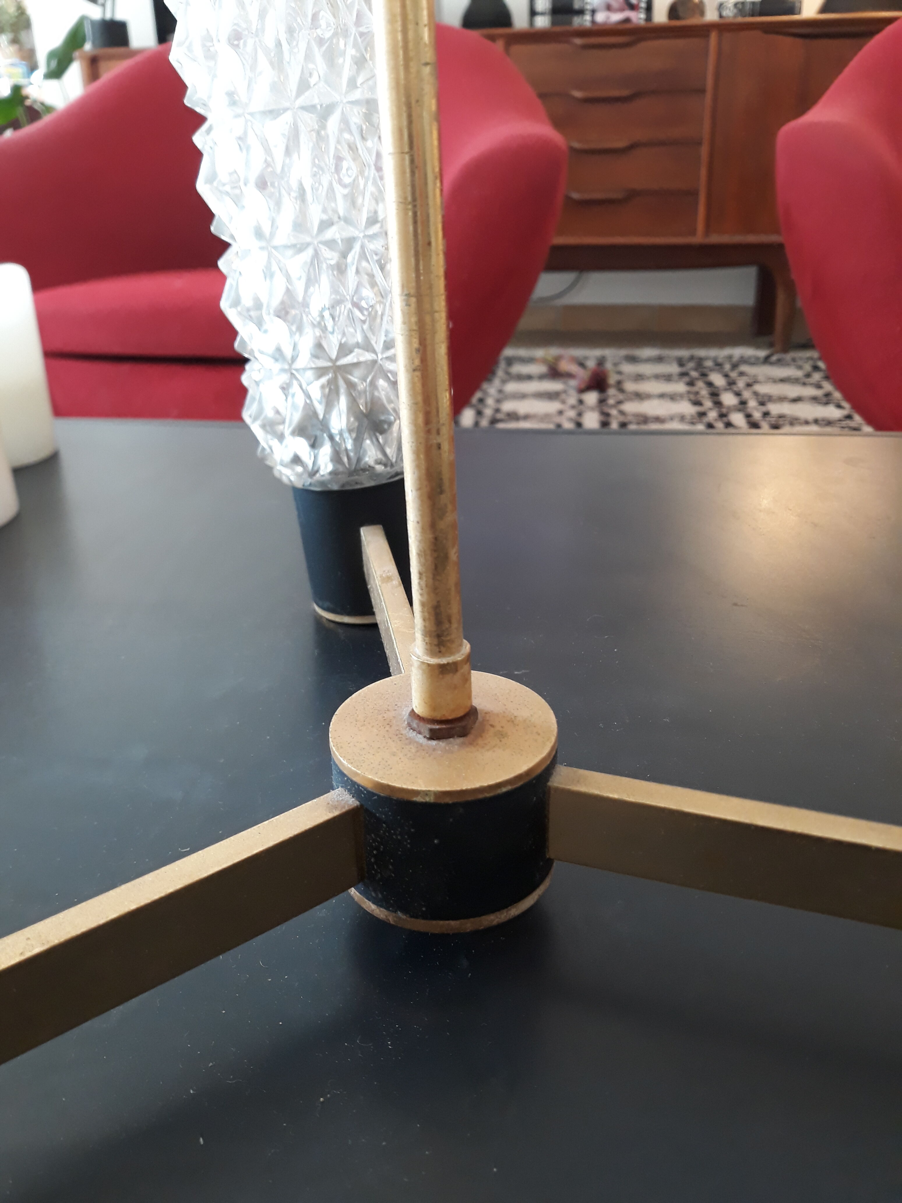 Chandelier 3 arm brass and glass 1960