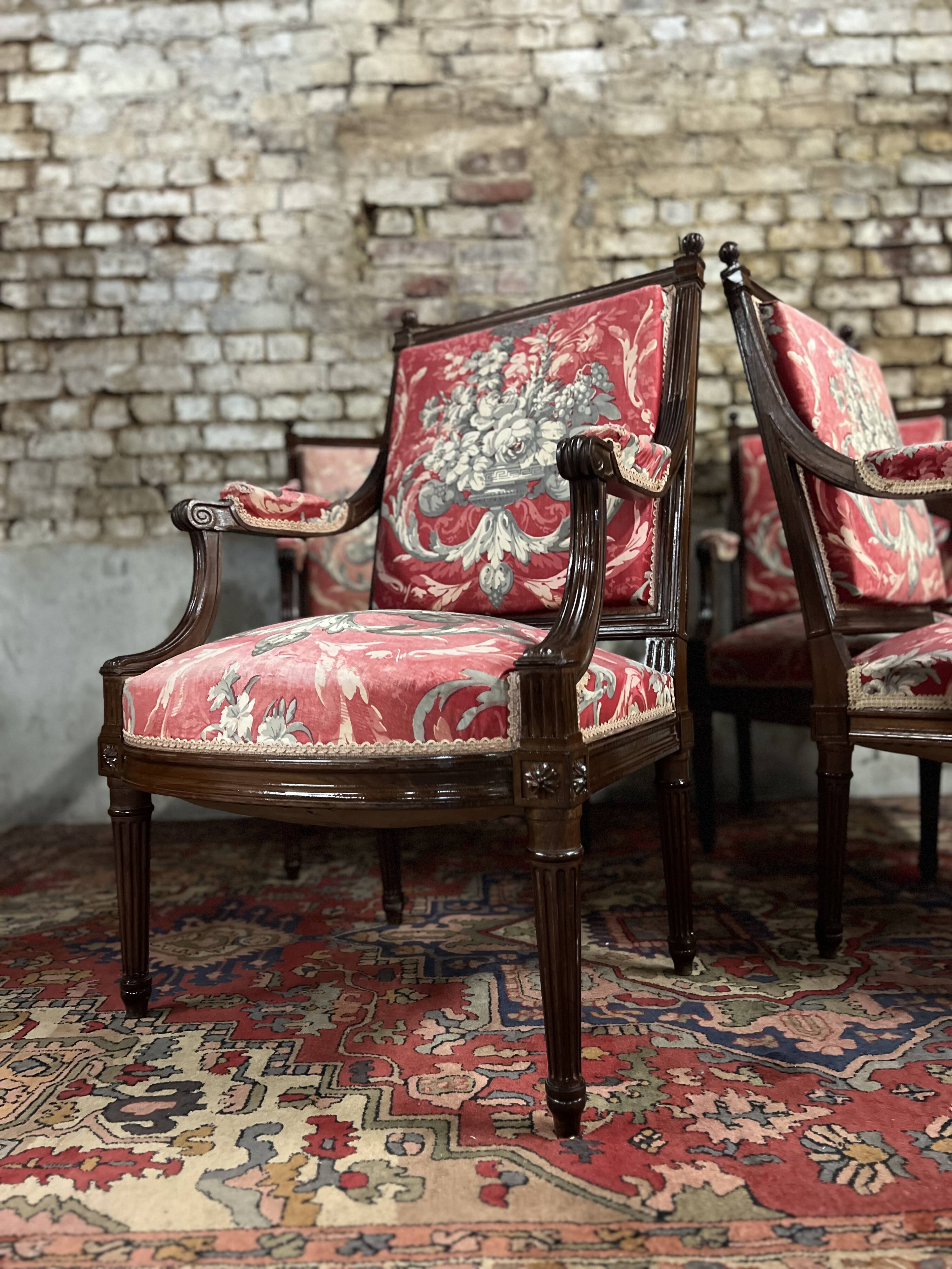 Suite of four queen's armchairs in louis xvi style mahogany xix eme century