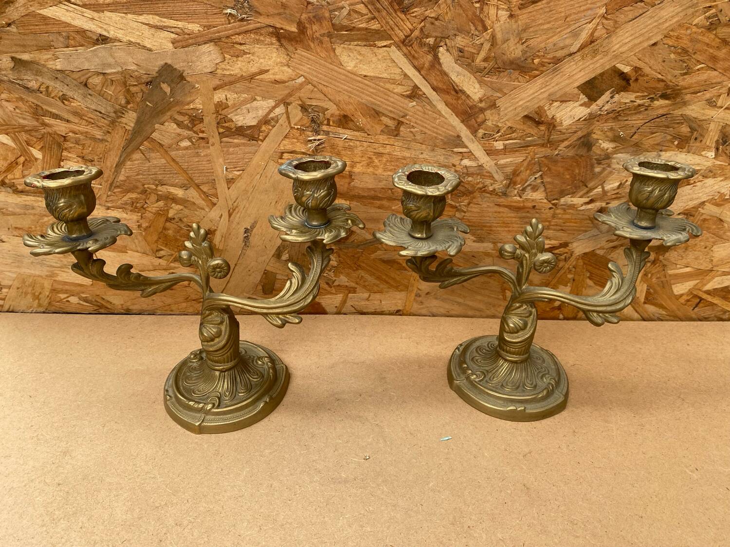Antique Pair Of Vintage Brass Double Candlestick Holders