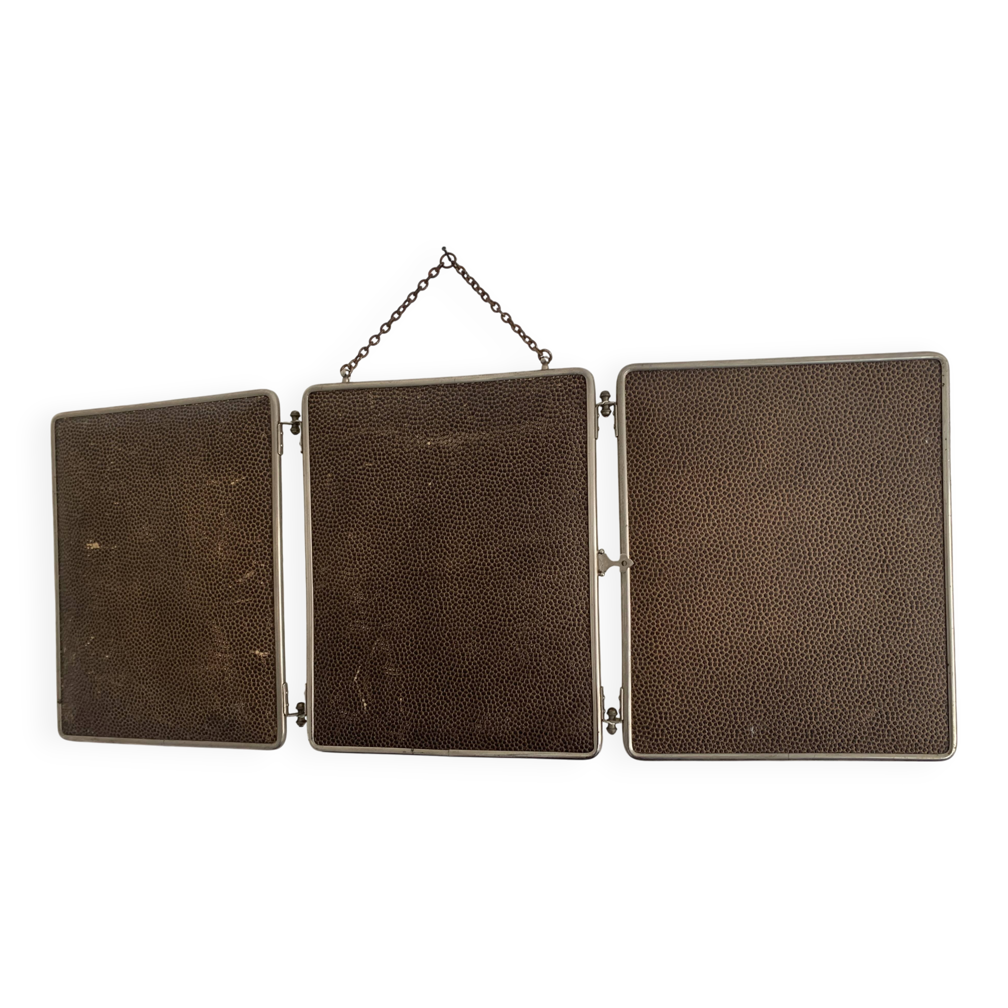 Miroir vintage 1930 triptyque barbier simili galuchat brun - 30 x 77 cm