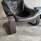 Vintage Scandinavian Black Leather Armchair with Ottoman — Solid Dark Wood Frame, Mid‑Century Modern