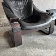 Vintage Scandinavian Black Leather Armchair with Ottoman — Solid Dark Wood Frame, Mid‑Century Modern