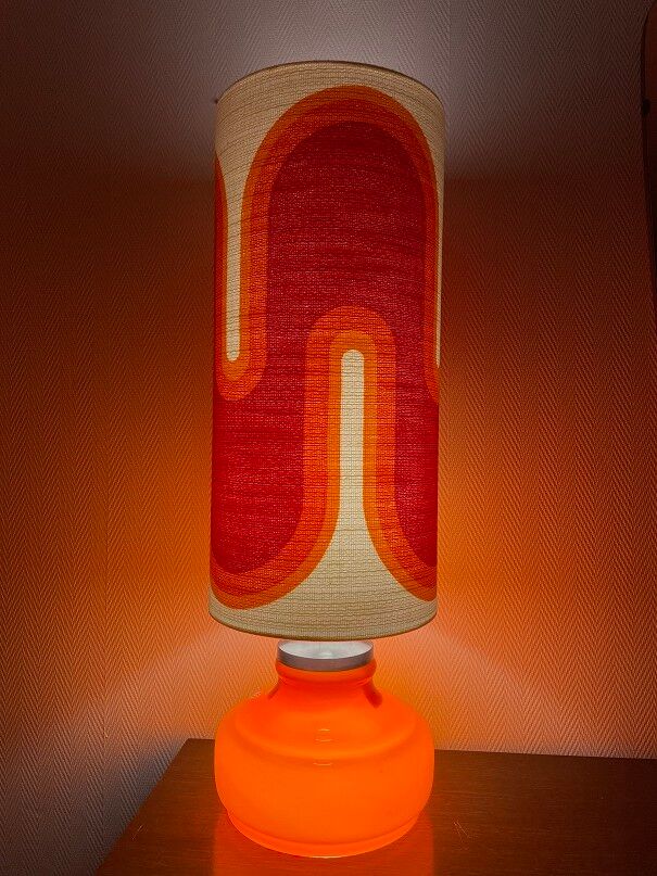 Orange opaline serpentine table lamp and vintage fabric