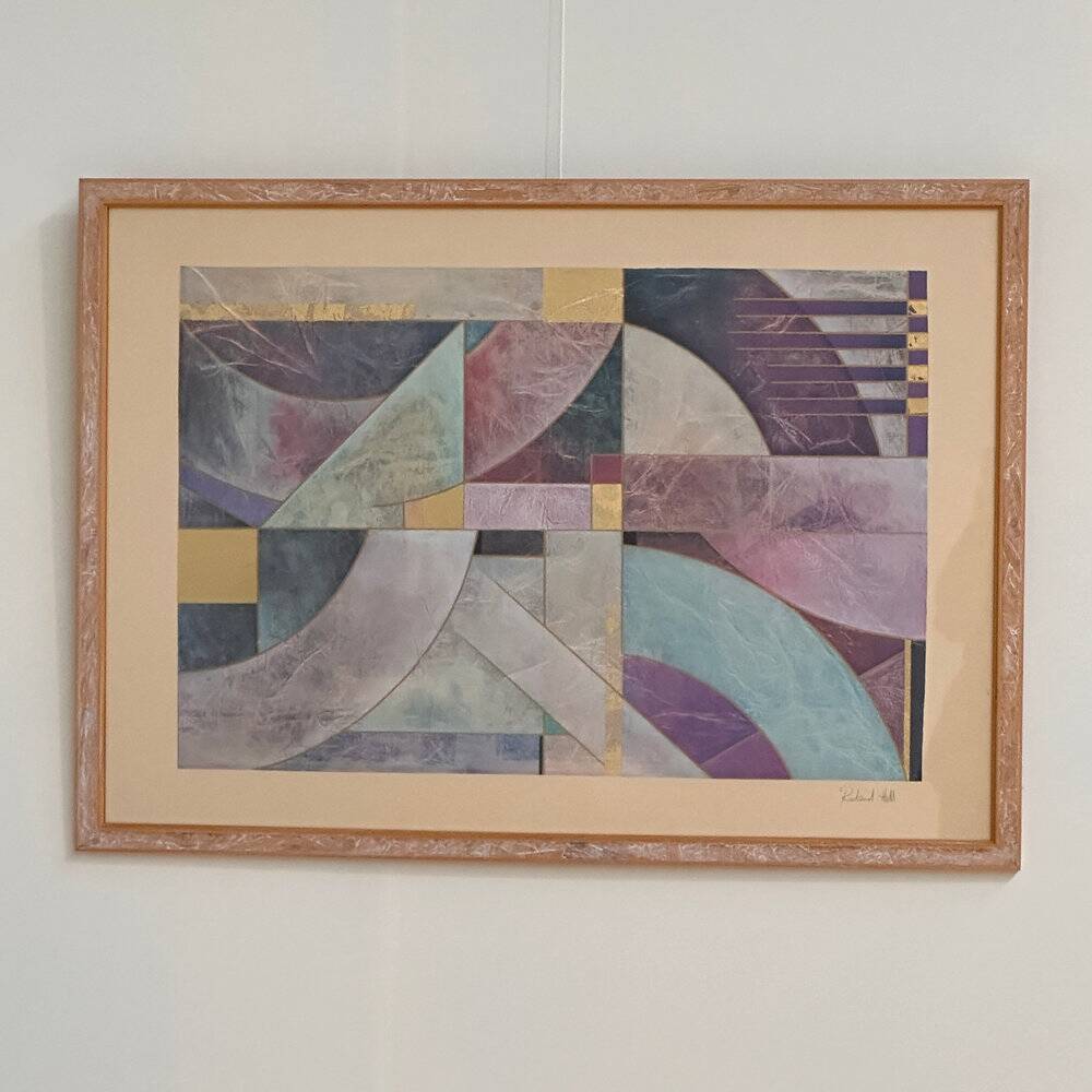 Pair of large Richard Hall geometric abstract mixed media lithographs with gold