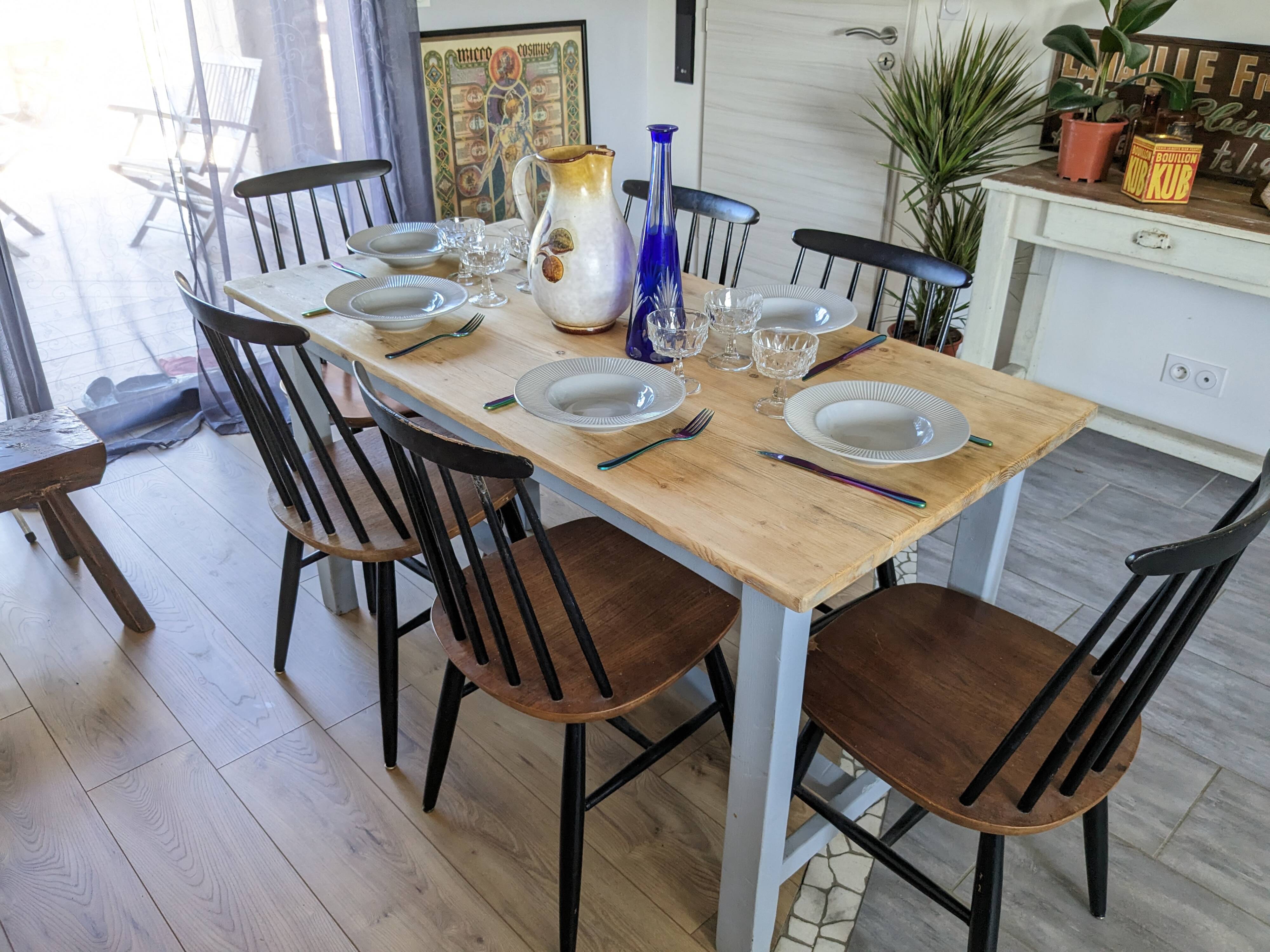 Sky blue and light wood farm table early 20th century 138 cm