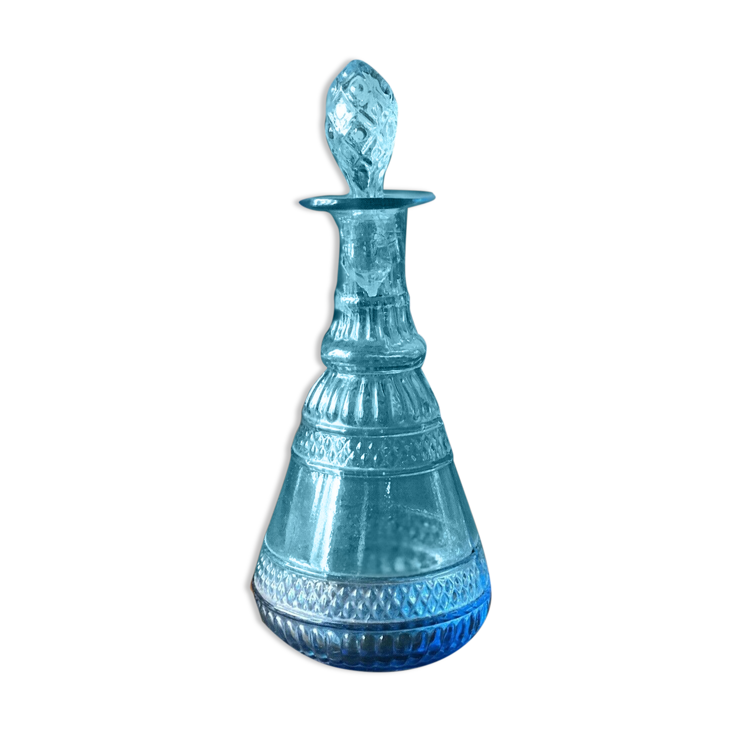 Carafe in blue chissed glass  and its pine cone-shaped cap