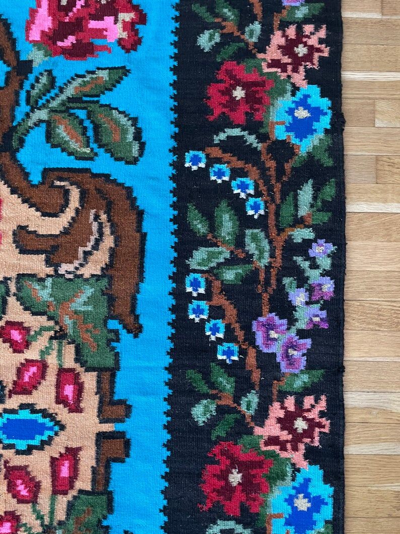Vintage blue Moldavian rug with beautiful flowers, authentic Romanian handwoven rug 240x153cm