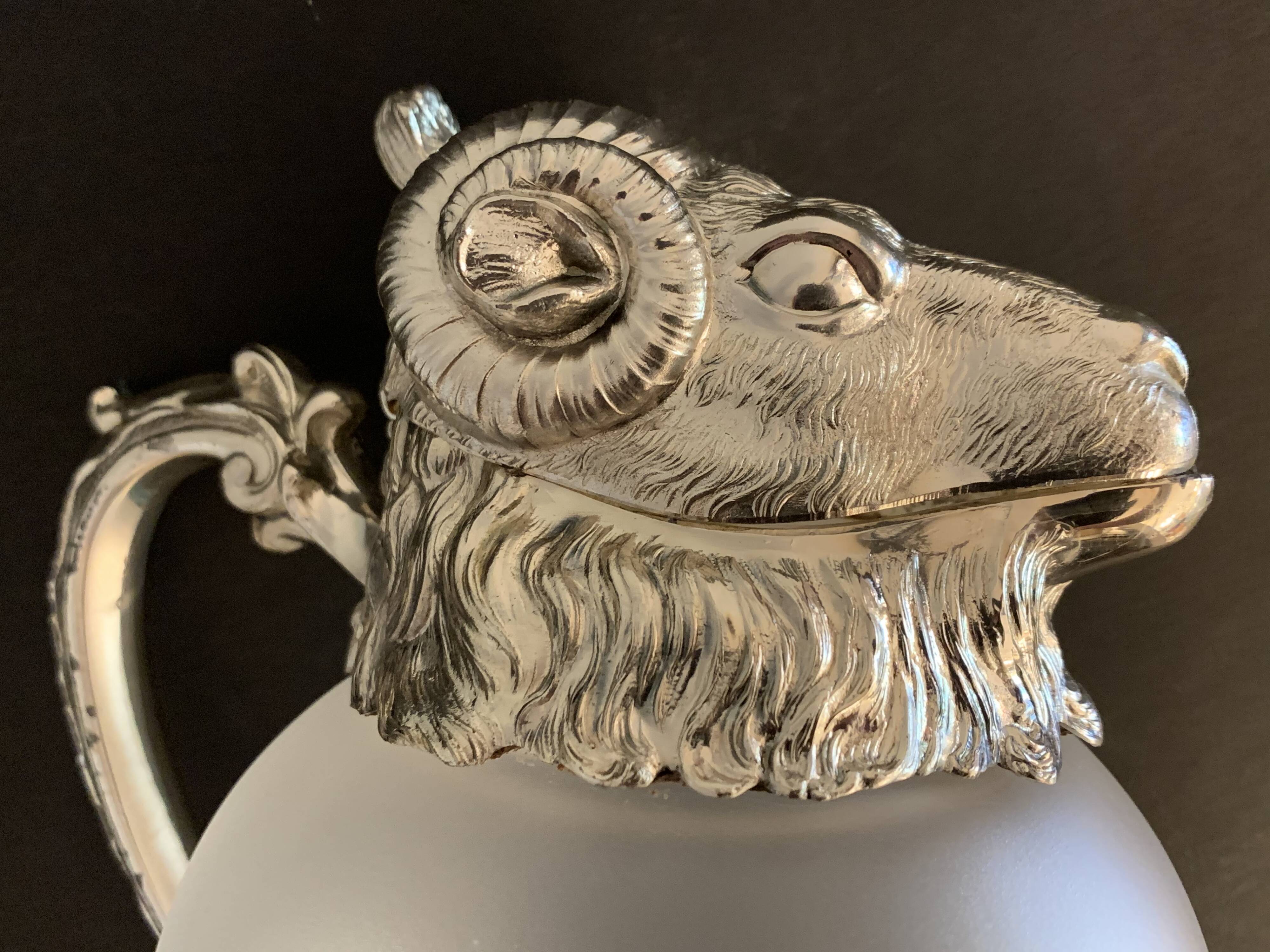 Decanting carafe or frosted glass water broc with silver metal ram head 1970