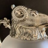 Decanting carafe or frosted glass water broc with silver metal ram head 1970