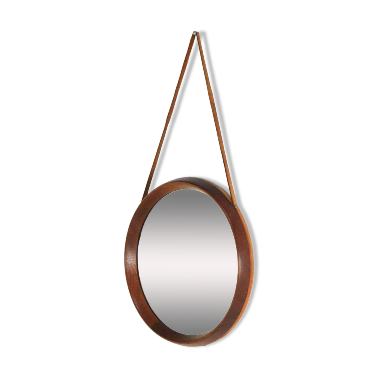 Round teak danish mirror with leather strap