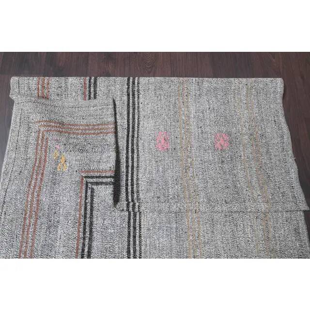 Vintage Turkish Hand-Knotted Wool Cotton Gray Kilim Runner 102x266