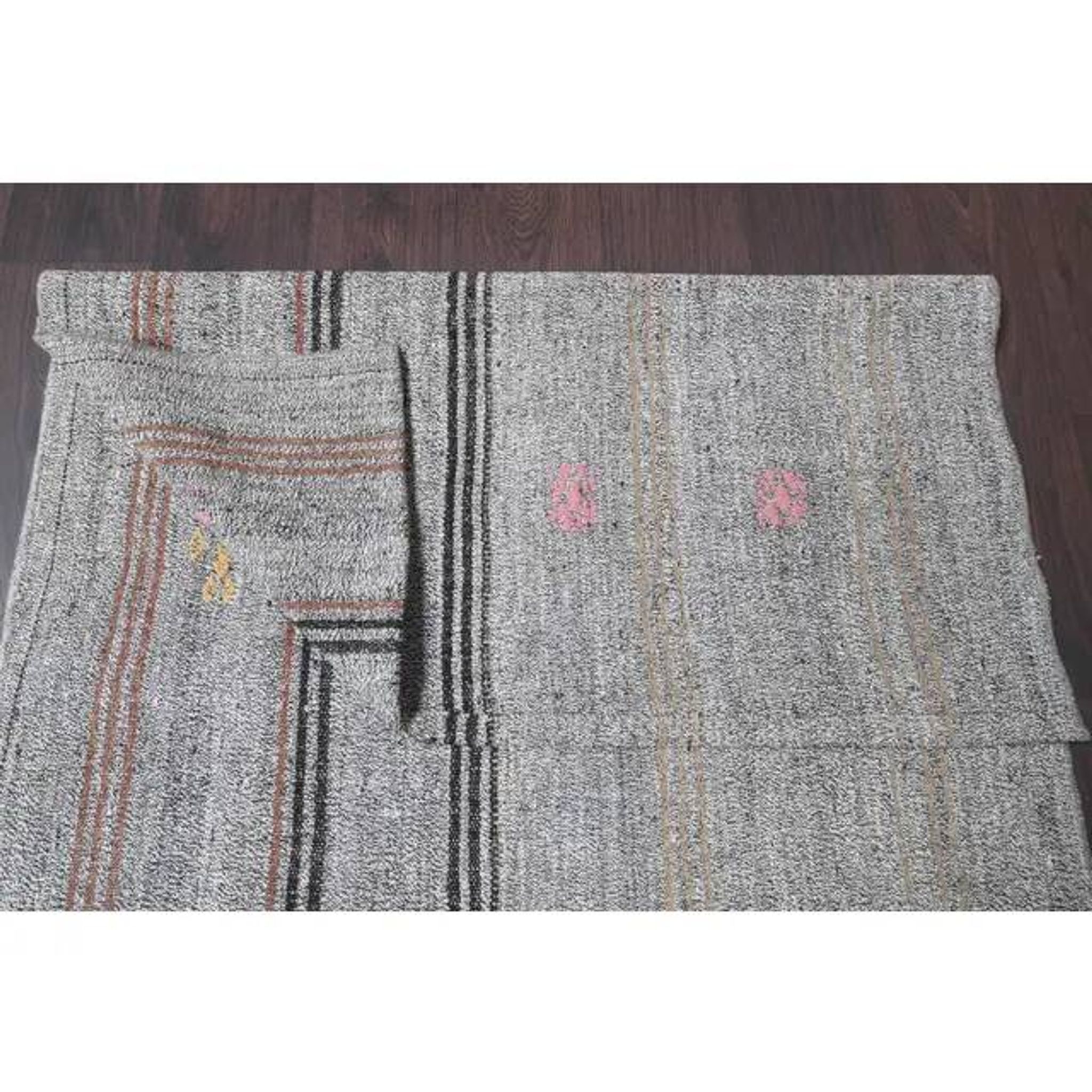 Vintage Turkish Hand-Knotted Wool Cotton Gray Kilim Runner 102x266