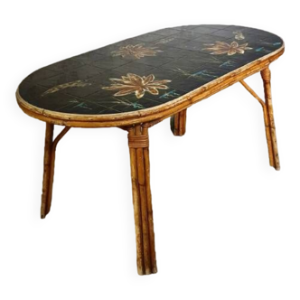 Rattan and ceramic table Georges Chassin Vallauris