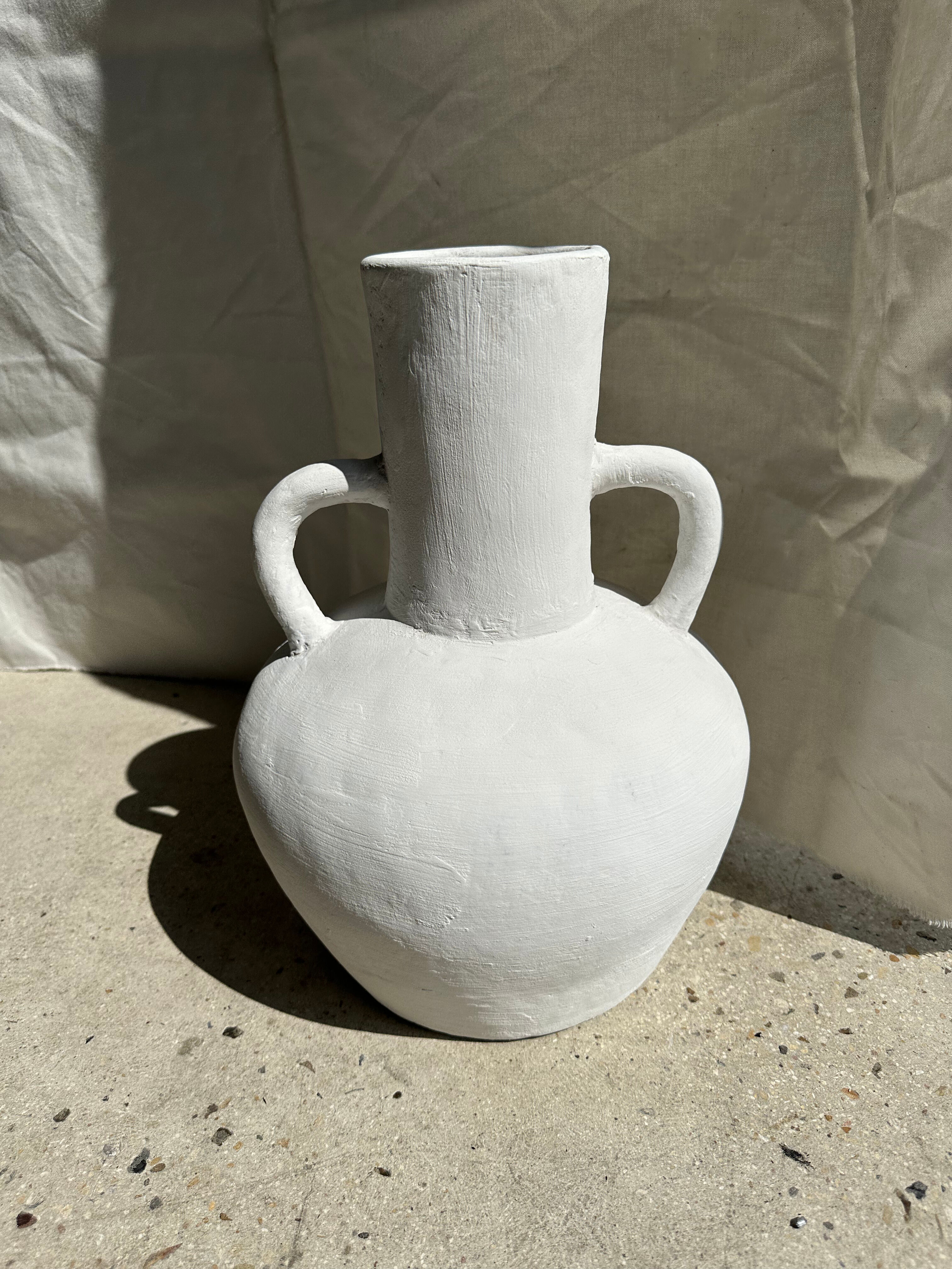 Handcrafted terracotta vase painted white with double handles h:40 d:30