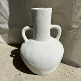 Handcrafted terracotta vase painted white with double handles h:40 d:30
