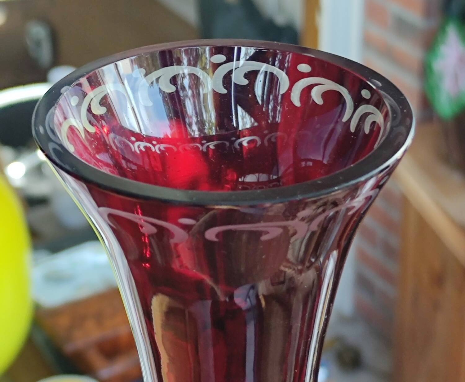 Old engraved red crystal vase