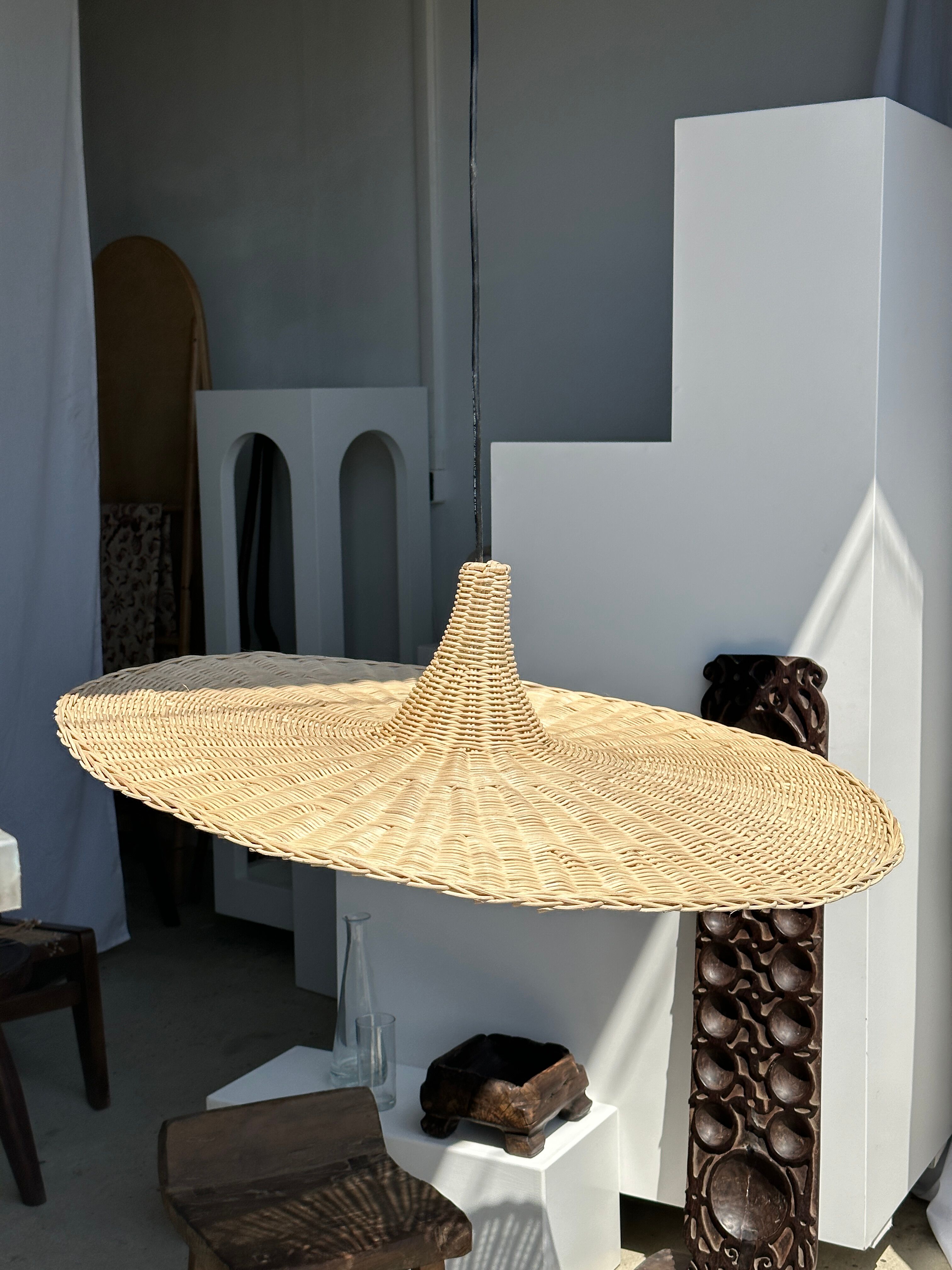 Large suspension, rattan luminaire in hat shape D:80cm