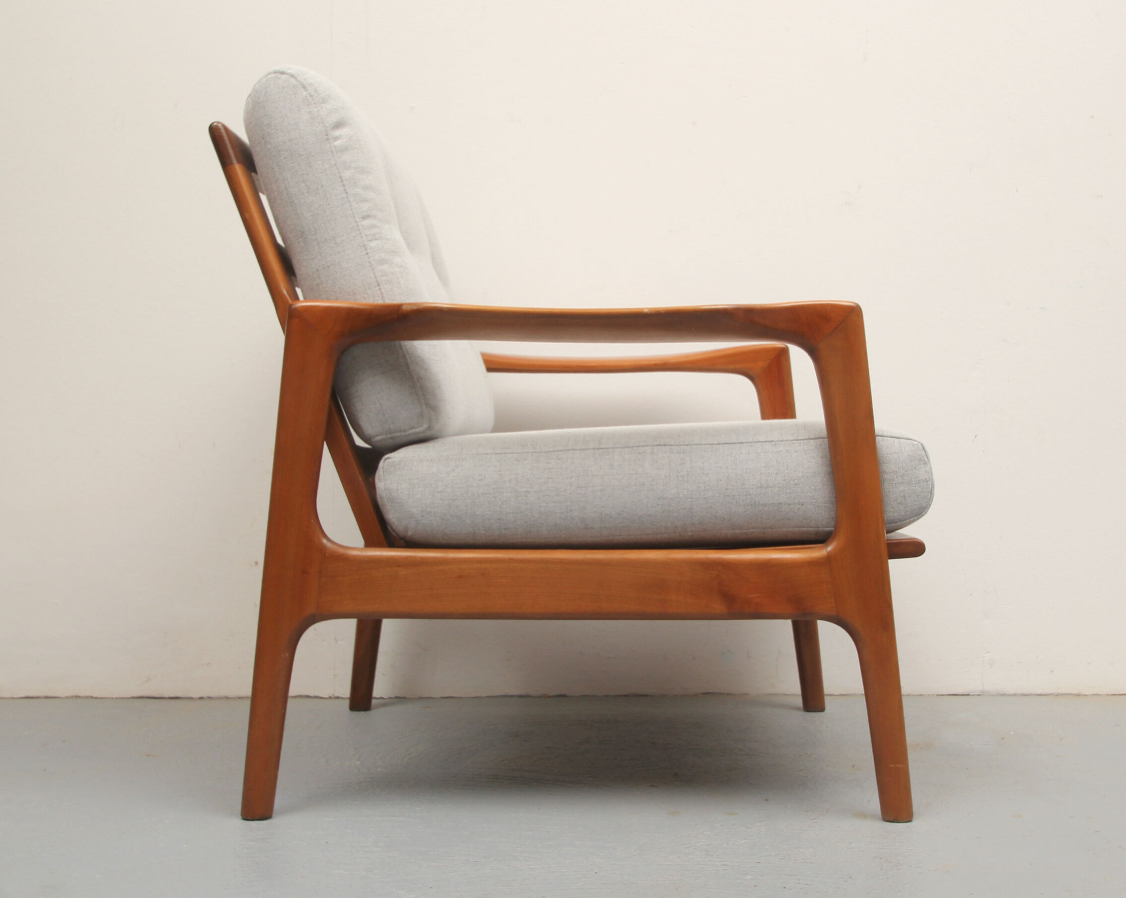 1960s armchair in cherrywood, light grey with green cushion
