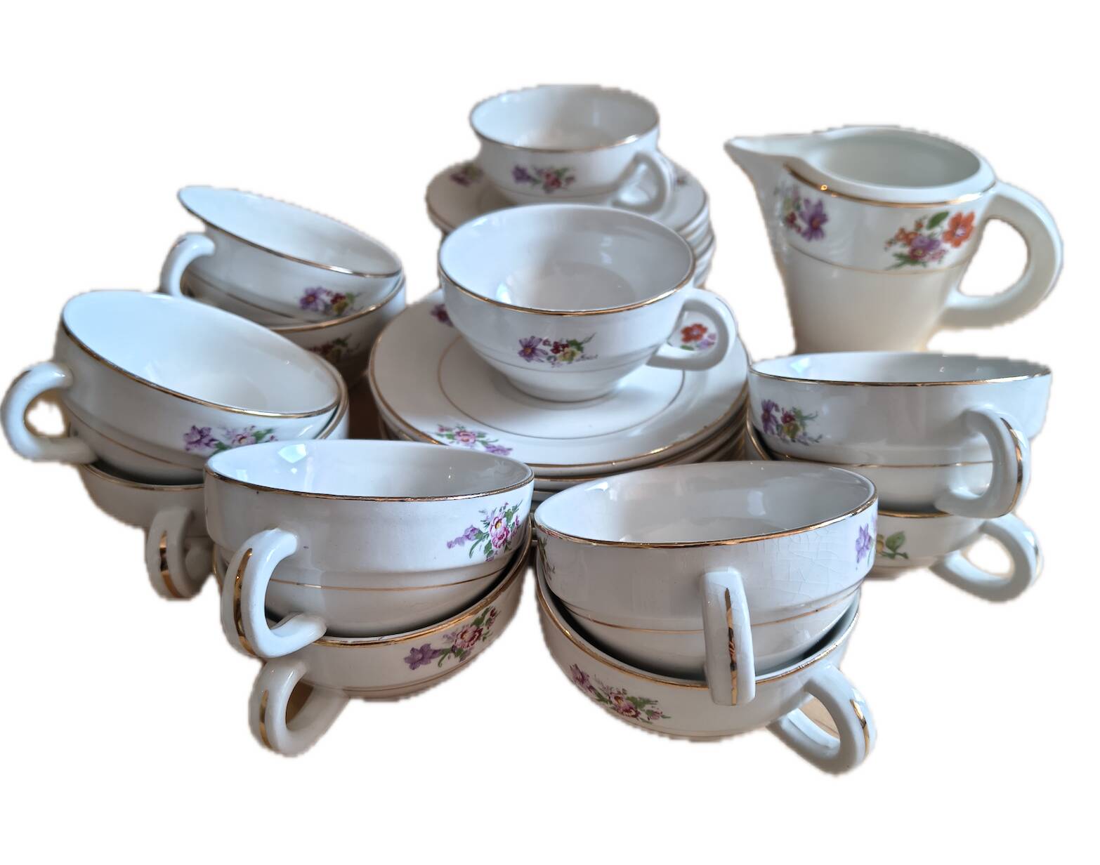 Antique tea service Moulin des Loups Orcérame – 25 pieces – floral decoration