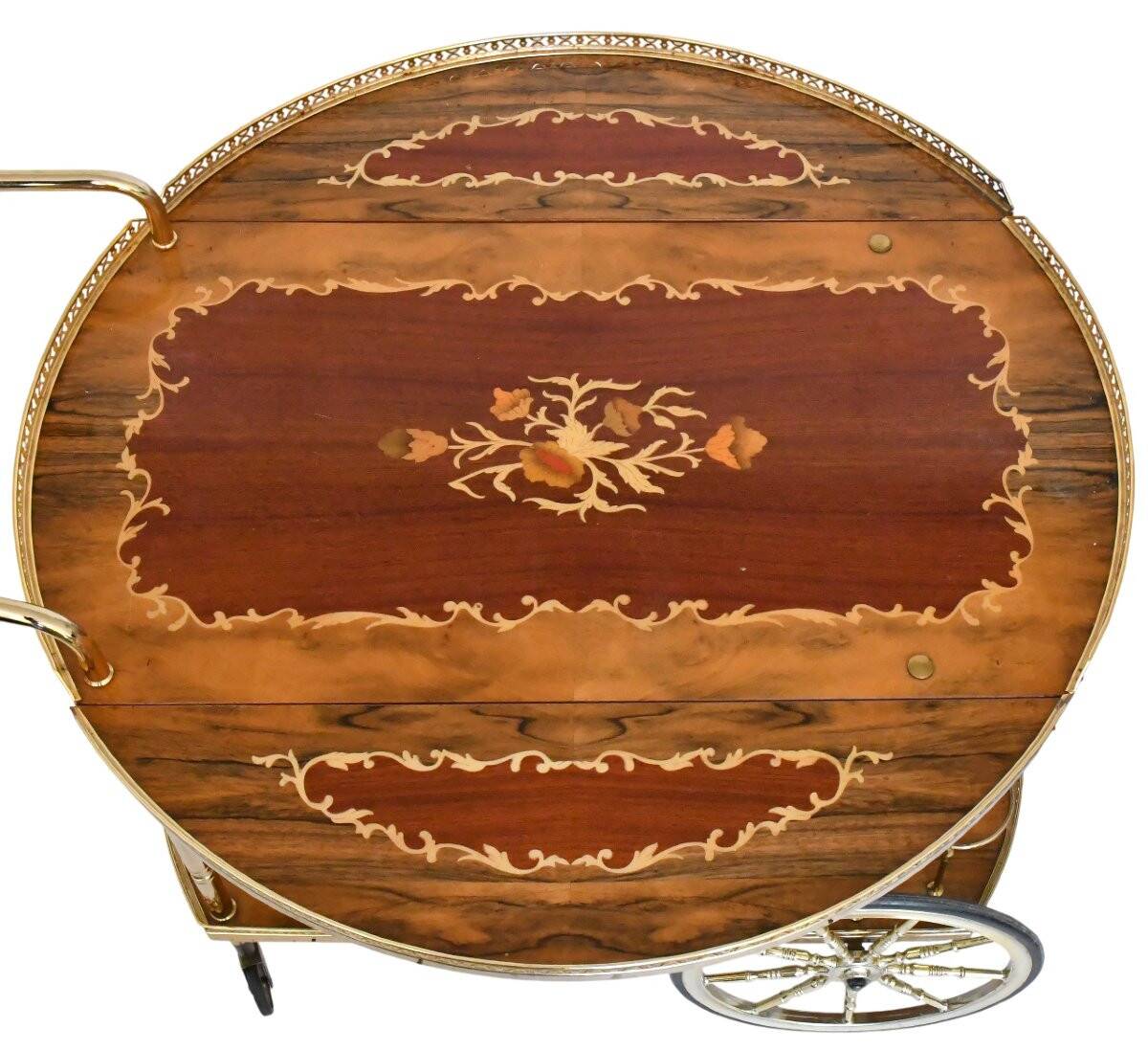 Serving table and rolling bar with drop leaves featuring floral marquetry decoration.