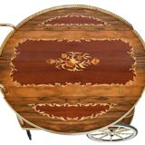 Serving table and rolling bar with drop leaves featuring floral marquetry decoration.