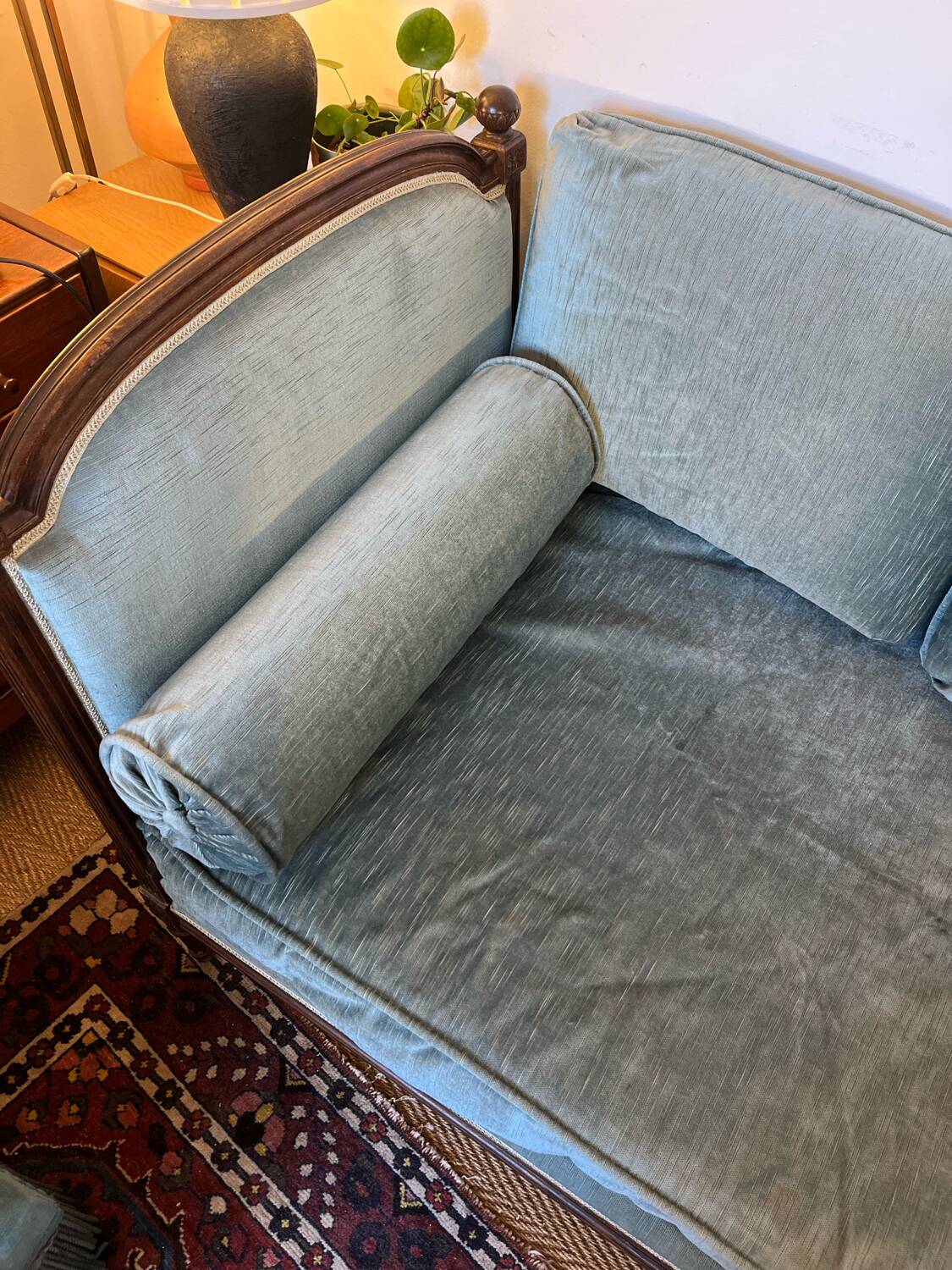 Vintage Louis XVI style blue velvet sofa