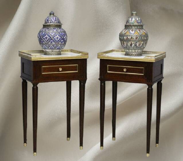 Pair of Louis XVI Style Nightstands with White Carrara Marble