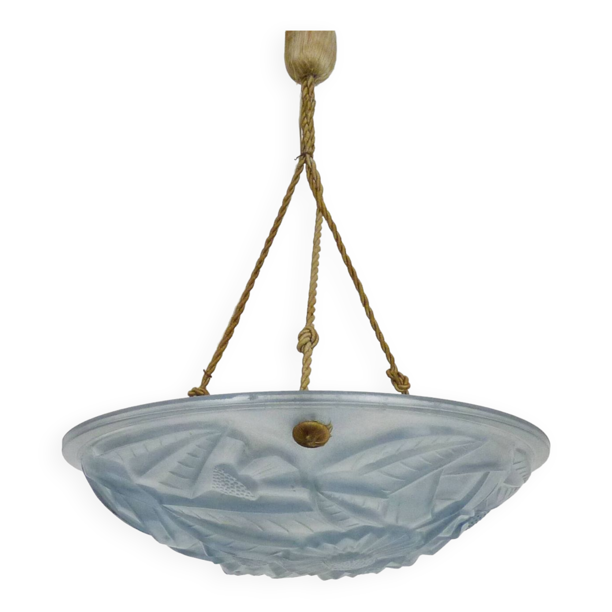 Old degue chandelier, 1-burner art deco washbasin pendant light, in blue glass paste. signed degué