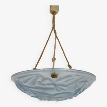 Old degue chandelier, 1-burner art deco washbasin pendant light, in blue glass paste. signed degué