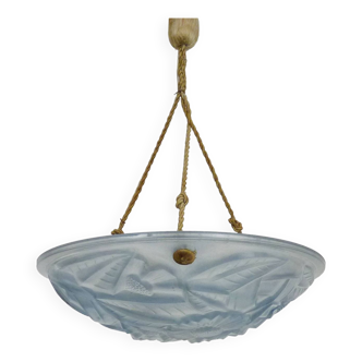 Old degue chandelier, 1-burner art deco washbasin pendant light, in blue glass paste. signed degué