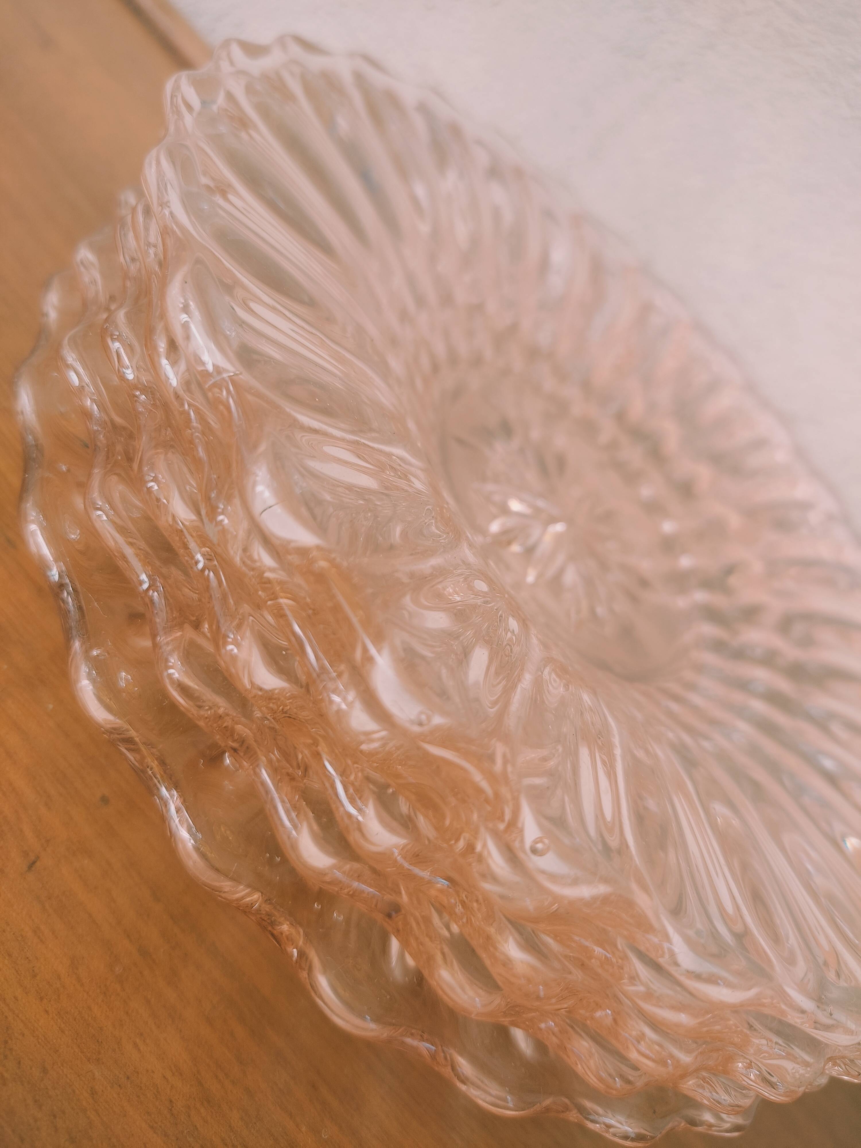 5 pink glass dessert plates