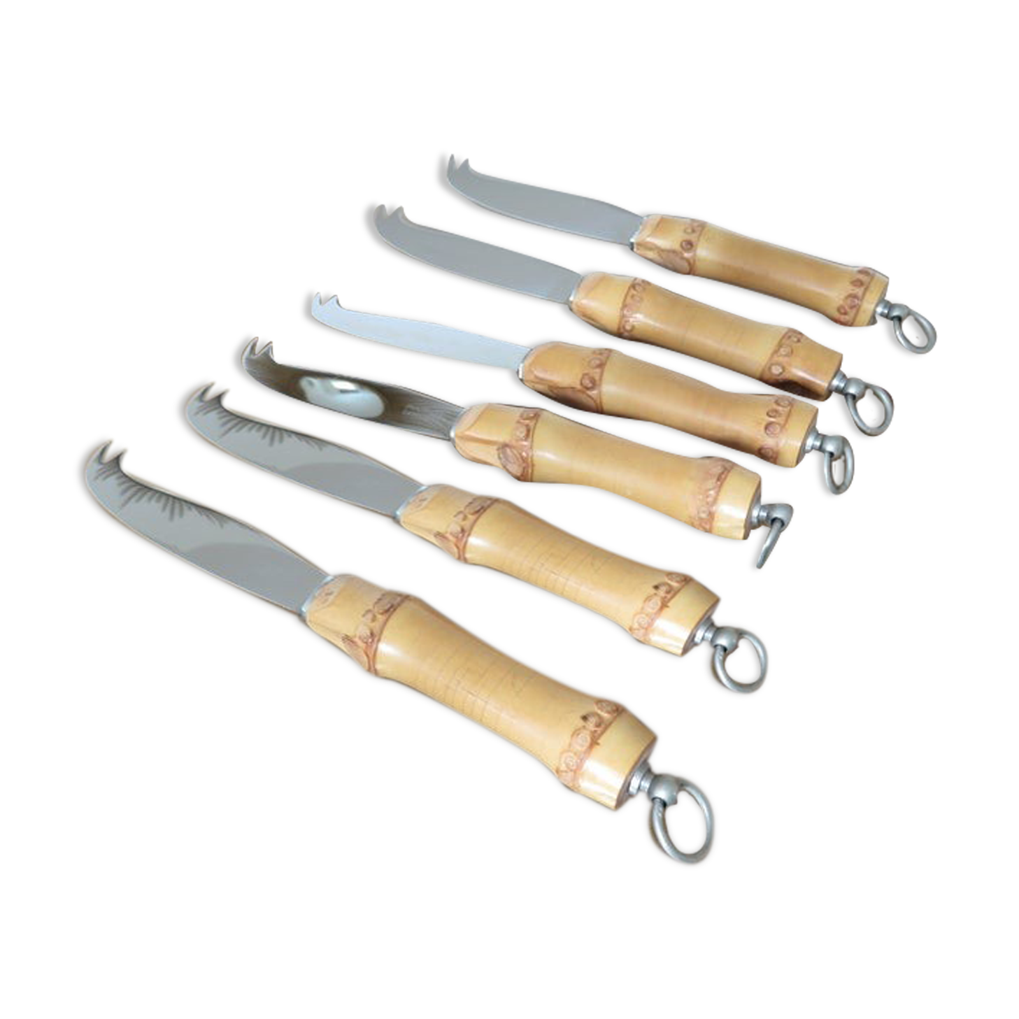 Set of 6 cheese knives, bamboo handle 60s