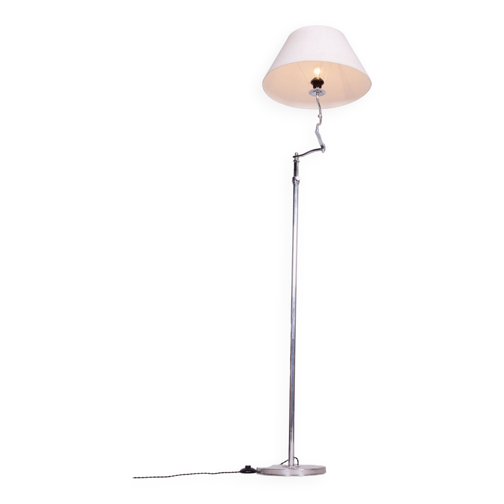 Czech Bauhaus Floor Lamp, Textile Lamp Shade, Chrom-Plated Steel, 1920s
