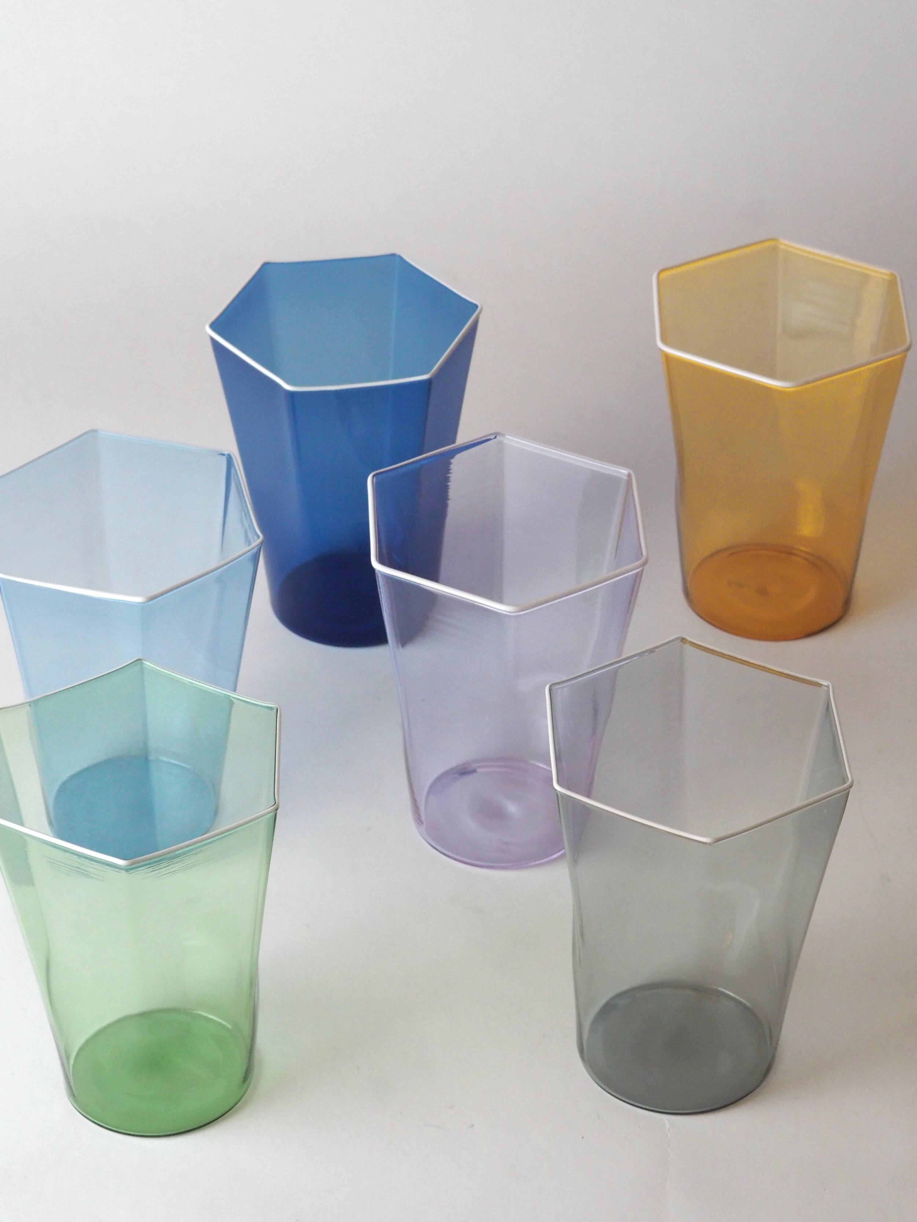 Set of six "Esagonali" glasses by Venini Murano, created by Carlo Scarpa.